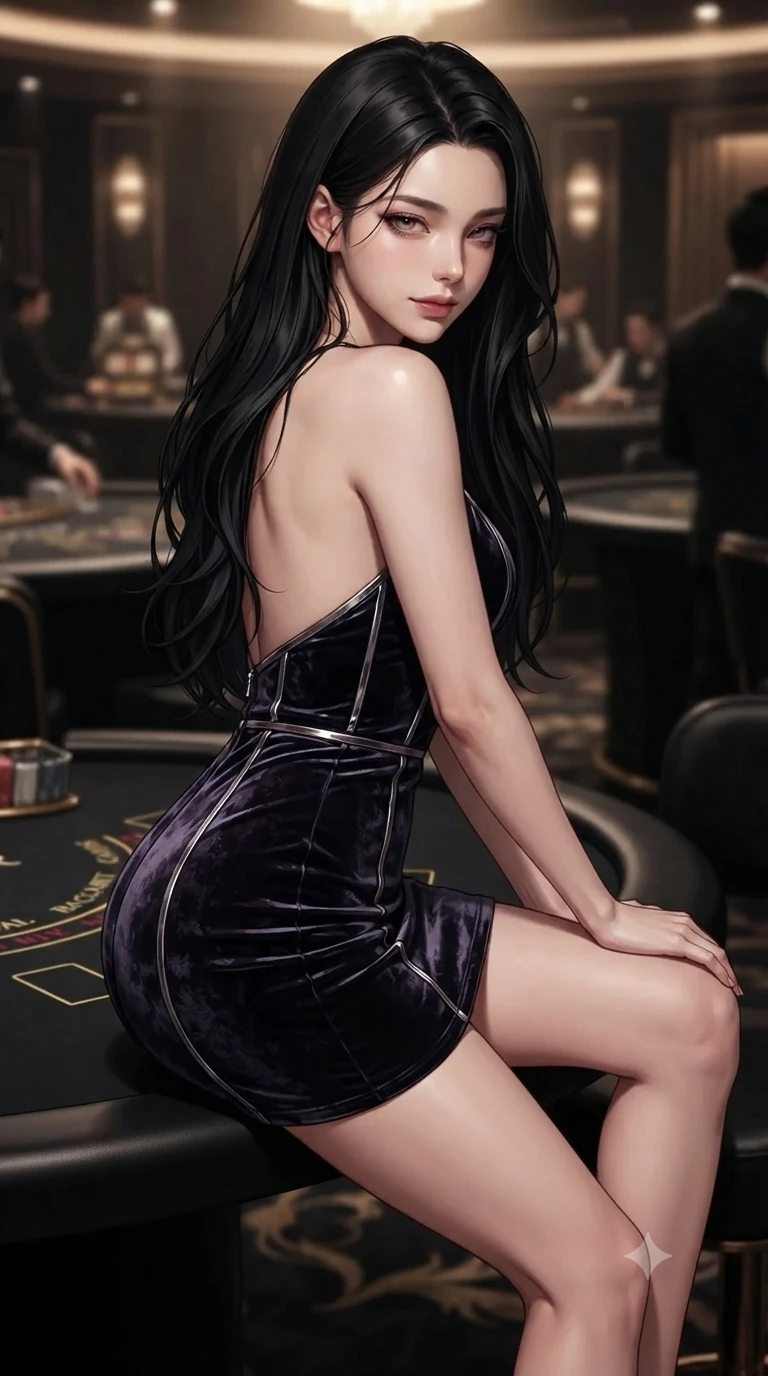 score_9, masterpiece, best quality, ultra-detailed, high-budget anime keyframe, editorial fashion photography, tasteful artistic composition, Korean woman. close-up cowboy shot from the waist and thighs up, the character dominates the composition, filling the frame with her large presence. glancing sidelong over her shoulder with a smoldering, enigmatic half-smile that commands the frame while perched on the edge of the black velvet baccarat table with legs crossed, leaning forward with heavy-lidded sparkling eyes and an intoxicating siren smile. The background shows a soft-focus exclusive underground high-stakes salon softened in luxury gaming shallow focus. She has an exceptionally elegant, slender, and willowy female figure with an ultra-slim waist, flat toned midriff, narrow ribcage, and sculpted feminine hips creating an alluring, slim hourglass silhouette without bulk. sharp v-shaped jawline, high-bridge nose, intricate jewel-like dark sparkling eyes with hypnotic seductive depth, thick curled eyelashes, glossy parted lips with a natural wine sheen, alluring bedroom-eyes with an enigmatic smoldering smile, exuding magnetic sovereign charisma and dark avant-garde glamour, flawlessly proportioned anatomical accuracy, strict slender model proportions, natural body alignment, perfectly sculpted long slender limbs, ultra-slim waistline, clean dynamic posture without body distortion. wearing a backless liquid vinyl mini slip dress with bare shoulder neckline in iridescent dark violet taffeta and midnight indigo, tailored from crushed dark velvet with deep light-absorbing plush texture, finished with metallic silver boning and sleek zipper points, the liquid-tight tailored fabric clinging flawlessly to her narrow waist and rounded feminine hips, emphasizing every millimeter of her sculpted slim hourglass curves without any bulky heaviness. bathed in warm, focused pin-spot lighting over the black gaming tables contrasted with pitch-black intimate lounge shadows. ultra-reflective glossy finish, specular highlights, metallic sheen, high-contrast stereoscopic depth, volumetric dynamic lighting, 2k, ultra detail, master piece, 9:16 ratio