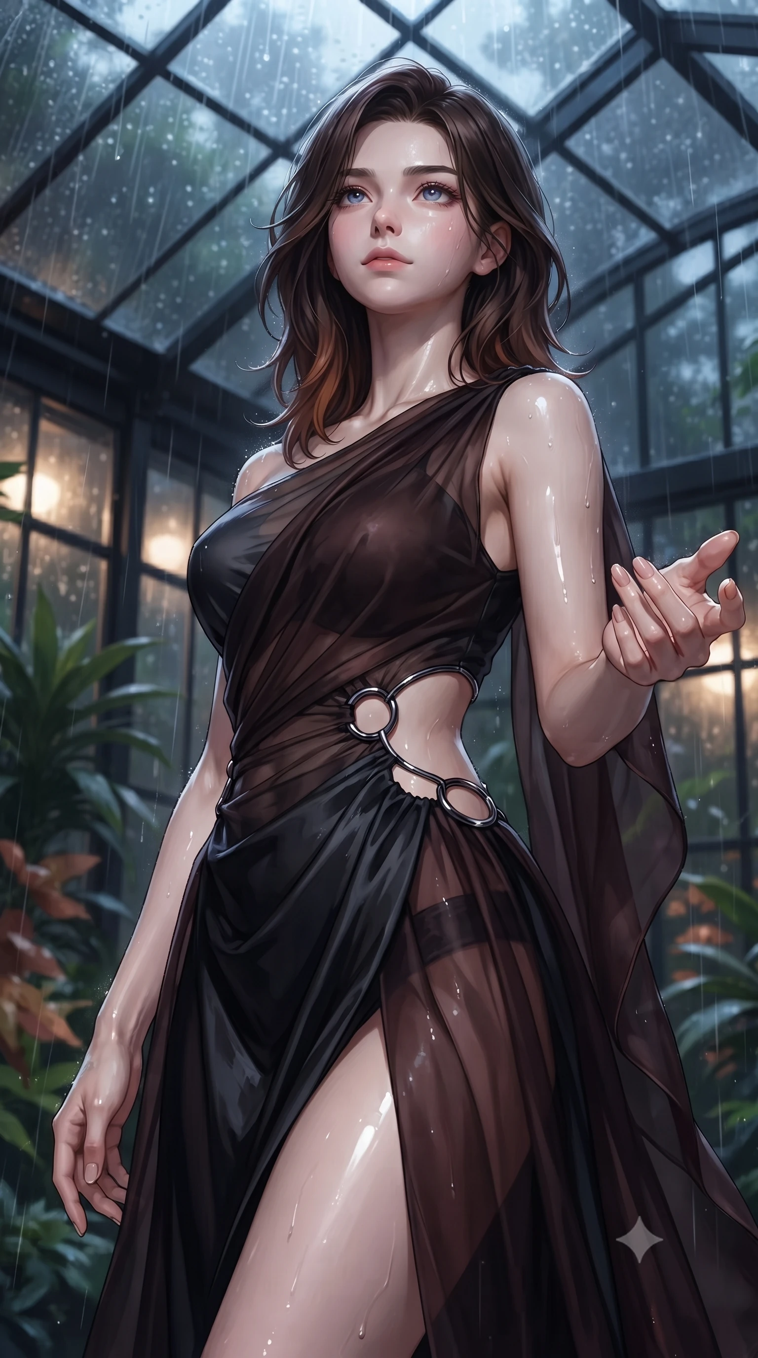 score_9, masterpiece, best quality, ultra-detailed, high-budget anime keyframe, editorial fashion photography, tasteful artistic composition, Korean woman. close-up cowboy shot from the waist and thighs up, the character dominates the composition, filling the frame with her large presence, background elements kept in soft focus. Reaching one hand toward the viewer with relaxed sensual elegance, looking up at the rain-streaked glass ceiling with a calm, composed expression, cozy yet intensely alluring nocturnal greenhouse atmosphere. She has an exceptionally elegant, slender, and willowy female figure with an ultra-slim waist, a gracefully sculpted slender torso, and a refined silhouette. sharp v-shaped jawline, high-bridge nose, intricate jewel-like eyes with depth, thick eyelashes, glossy lips with a natural sheen. wearing draped obsidian silk gown featuring tasteful waist slit cutouts in dark mahogany, made of sheer dark organza overlay, trimmed with dark chrome ring hardware along the waist contours, the fitted fabric emphasizing her ultra-slim waist. bathed in wet rain reflections and deep shadowy background contrast. ultra-reflective glossy finish, specular highlights, metallic sheen, high-contrast stereoscopic depth, volumetric dynamic lighting, 2k, ultra detail, master piece, 9:16 ratio