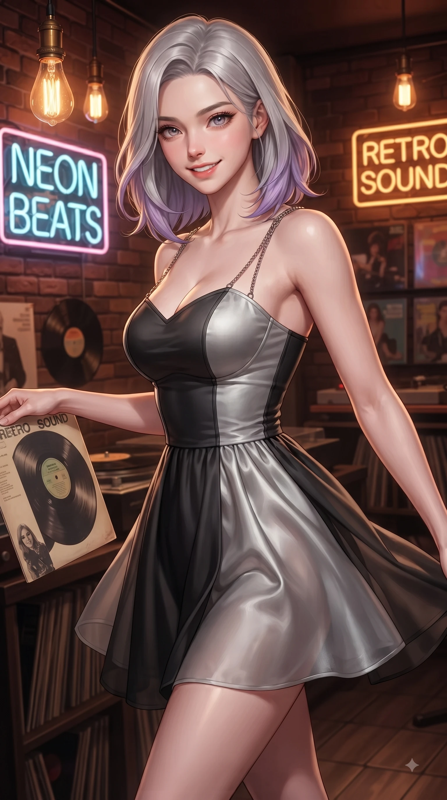 score_9, masterpiece, best quality, ultra-detailed, high-budget anime keyframe, editorial fashion photography, tasteful artistic composition, Caucasian woman. close-up cowboy shot from the waist and thighs up, the character dominates the composition, filling the frame with her large presence, background elements kept in soft focus. Gazing directly into the camera with a fresh, infectious smile as her torso curves dynamically in mid-stride while pivoting dynamically near a neon music sign while holding a vintage record sleeve, warm amber Edison bulb lamps and neon signs scattering cozy golden highlights. She has an exceptionally elegant, slender, and willowy female figure with an ultra-slim waist, a gracefully sculpted slender torso, and a refined silhouette. sharp v-shaped jawline, high-bridge nose, intricate jewel-like eyes with depth, thick eyelashes, glossy lips with a natural sheen, flawlessly proportioned anatomical accuracy, natural body alignment, perfectly sculpted elegant limbs, clean dynamic posture without body distortion. wearing a modern fusion silk hanbok dress with a structured bodice and flowing skirt in matte black and polished silver, woven from fine semi-opaque sheer organza, adorned with delicate metallic chain straps along the neckline, the tailored fabric tightly following every curve of her athletic build. surrounded by a nostalgic, warm, and intimate retro music atmosphere. ultra-reflective glossy finish, specular highlights, metallic sheen, high-contrast stereoscopic depth, volumetric dynamic lighting, 2k, ultra detail, master piece, 9:16 ratio