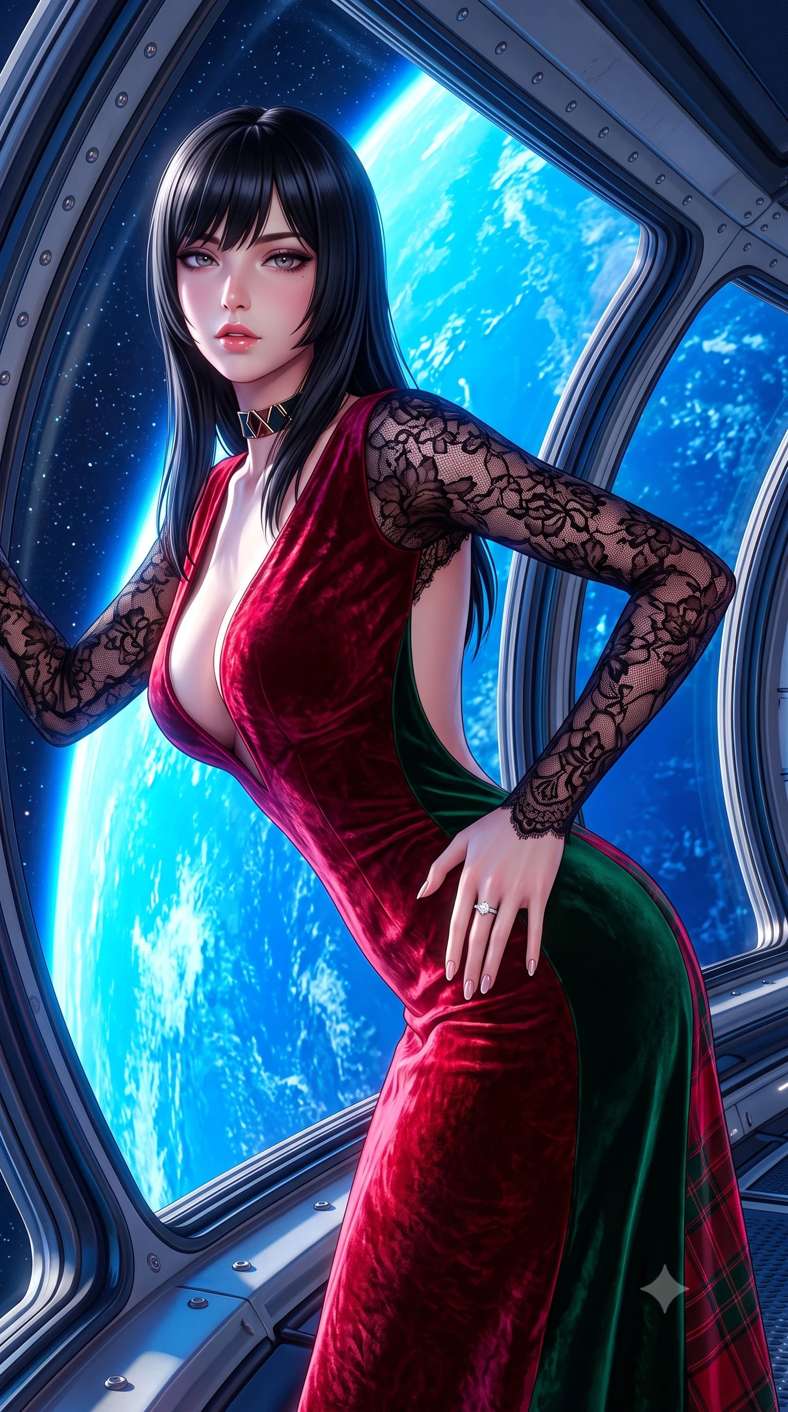 score_9, masterpiece, best quality, ultra-detailed, high-budget anime keyframe, semi-realistic 3D game render, editorial fashion photography, tasteful artistic composition, Caucasian woman. close-up cowboy shot from the waist and thighs up, the character dominates the composition, filling the frame with her large presence. resting one manicured hand delicately on her hip bone, her upper body turning in a fluid, seductive S-curve while parted lips glisten in the light while leaning forward against the massive curved panoramic viewport overlooking the brilliant blue curve of Earth, hips cocked back in an intoxicating zero-gravity posture. The surrounding environment is rendered in vivid detail and crisp panoramic clarity. sharp curved station viewport frames, titanium bulkhead rivets, and magnetic deck seams in deep focus. She has an exceptionally elegant, slender, and willowy female figure with an ultra-slim waist, flat toned midriff, narrow ribcage, and sculpted feminine hips creating an alluring, slim hourglass silhouette without bulk. sharp v-shaped jawline, high-bridge nose, intricate jewel-like eyes with depth, thick eyelashes, glossy parted lips with a natural sheen, intensely captivating and seductive bedroom-eyes expression, flawlessly proportioned anatomical accuracy, strict slender model proportions, natural body alignment, perfectly sculpted long slender limbs, ultra-slim waistline, clean dynamic posture without body distortion. wearing a plunging-V neckline crushed crimson velvet opera gown with delicate black lace sleeves and bare back in deep emerald green velvet and royal tartan crimson, crafted from heavyweight crushed silk velvet with liquid vintage luster, complemented by a bold geometric choker and sparkling cocktail ring, the dramatically scooped open back descending to the base of her spine, accentuating her razor-sharp statuesque lines and slim hourglass silhouette. surrounded by a celestial, sovereign, and breathlessly magnificent orbital empress aura. highly saturated vibrant anime colors, detailed shading with soft gradients, rich glossy textures, high-contrast stereoscopic depth, volumetric dynamic lighting, master piece, 9:16 ratio