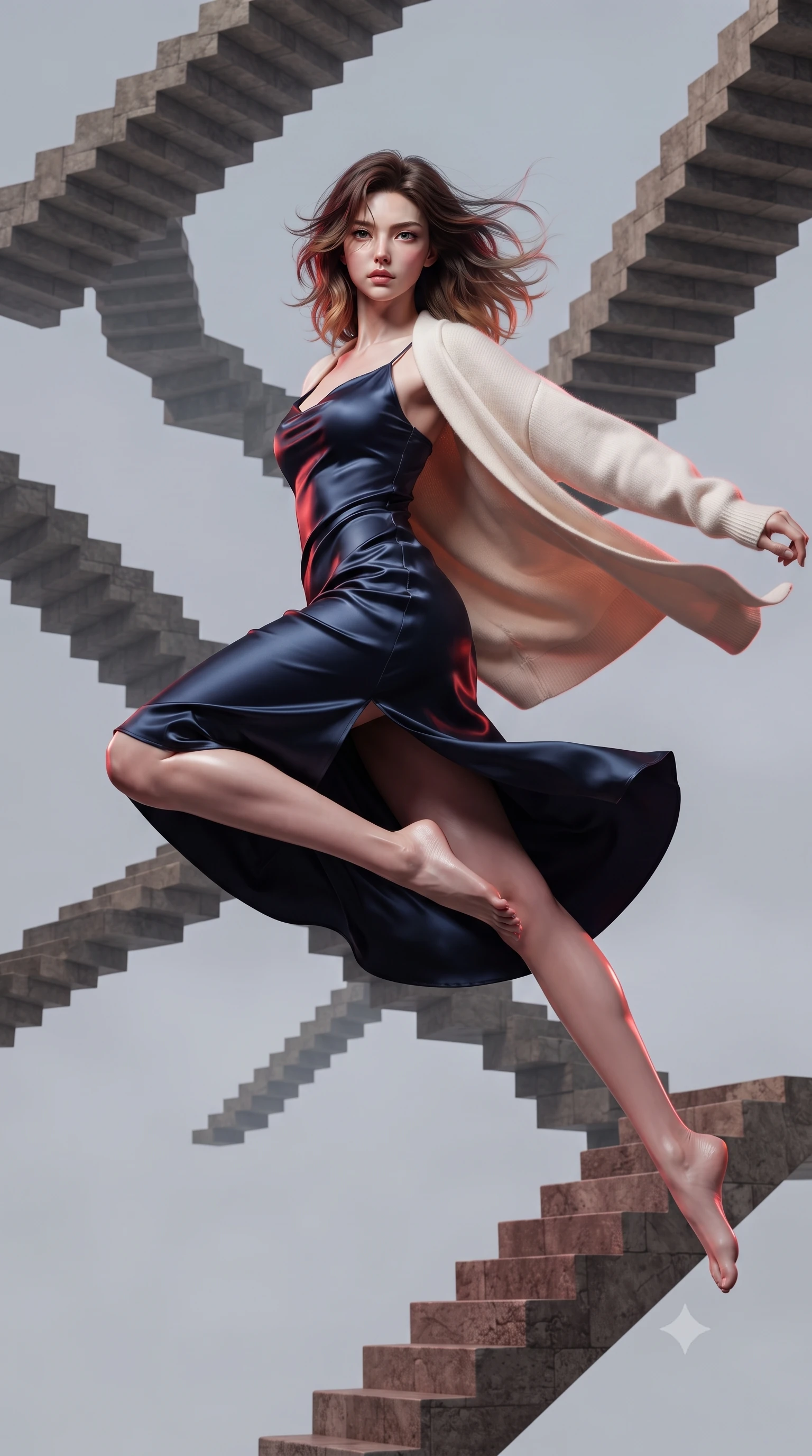score_9, masterpiece, best quality, ultra-detailed, high-budget anime keyframe, editorial fashion photography, tasteful artistic composition, realistic cosplay photography, Korean woman. low angle full-body shot from head to toe showing her feet, filling the entire 9:16 vertical frame with her statuesque presence, stretching her vertical silhouette. leaping dynamically high in the air while slicing forward with wind-whipped hair through a surreal dimension of stone staircases crossing at impossible angles, some upside down, suspended in a pale grey sky. She has a statuesque 8.5-heads proportion, an exceptionally tall, slender and willowy model-like build with impossibly long legs and a highly sculpted ultra-slim waist. sharp v-shaped jawline, high-bridge nose, intricate jewel-like eyes with depth, thick eyelashes, glossy lips with a natural sheen. wearing the lightweight fabric rippling and billowing dramatically with her movement, a slim-fit deep navy silk slip midi dress featuring a tasteful side thigh slit, layered with a soft cream knit shawl. deep crimson theatrical lighting with sharp specular highlights on every curve. ultra-reflective glossy finish, specular highlights, metallic sheen, high-contrast stereoscopic depth, volumetric dynamic lighting, 2k, ultra detail, master piece, 9:16 ratio