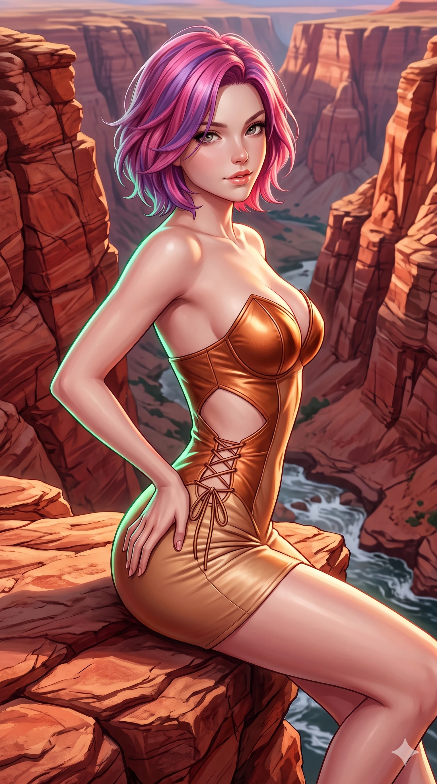 score_9, masterpiece, best quality, ultra-detailed, high-budget anime keyframe, semi-realistic 3D game render, editorial fashion photography, tasteful artistic composition, Caucasian woman. close-up cowboy shot from the waist and thighs up, the character dominates the composition, filling the frame with her large presence. arching her spine backward with effortless dancer poise, one hand sliding along her hip line as directional light carves specular highlights along her silhouette while perched sideways on a Navajo sandstone ledge with legs extended over the abyss, looking back over a bare shoulder with an irresistible smoldering bedroom-gaze. The surrounding environment is rendered in vivid detail and crisp panoramic clarity: sharp red Navajo sandstone cross-bedding lines, river rapid water ripples below, and cliff edge fractures in deep focus. She has an exceptionally elegant, slender, and willowy female figure with an ultra-slim waist, flat toned midriff, narrow ribcage, and sculpted feminine hips creating an alluring, slim hourglass silhouette without bulk. sharp v-shaped jawline, high-bridge nose, sparkling eyes with hypnotic seductive depth, thick curled eyelashes, glossy parted lips with a natural dewy peach sheen, alluring bedroom-eyes with an enchanting coquettish smile, exuding magnetic siren charisma and sophisticated glamour, flawlessly proportioned anatomical accuracy, strict slender model proportions, natural body alignment, perfectly sculpted long slender limbs, ultra-slim waistline, clean dynamic posture without body distortion. wearing a plunging sweetheart neckline leatherette bustier with side-waist diamond cutouts contouring her ribcage in molten metallic copper and radiant desert sand, tailored from buttery-soft glove lambskin leather clinging smoothly to her narrow waist and rounded hips, featuring fine criss-cross lace-up side ties revealing tantalizing glimpses of her hip curve, the glove-like clinging cut tightly following the natural contour of her hips and long slender legs with youthful 8.5-heads elegance. illuminated by red rock canyon bounce and sharp emerald-terracotta rim lights sculpting her razor-sharp jawline, narrow waist, and curvy hips. highly saturated vibrant anime colors, detailed shading with soft gradients, rich glossy textures, high-contrast stereoscopic depth, volumetric dynamic lighting, master piece, 9:16 ratio