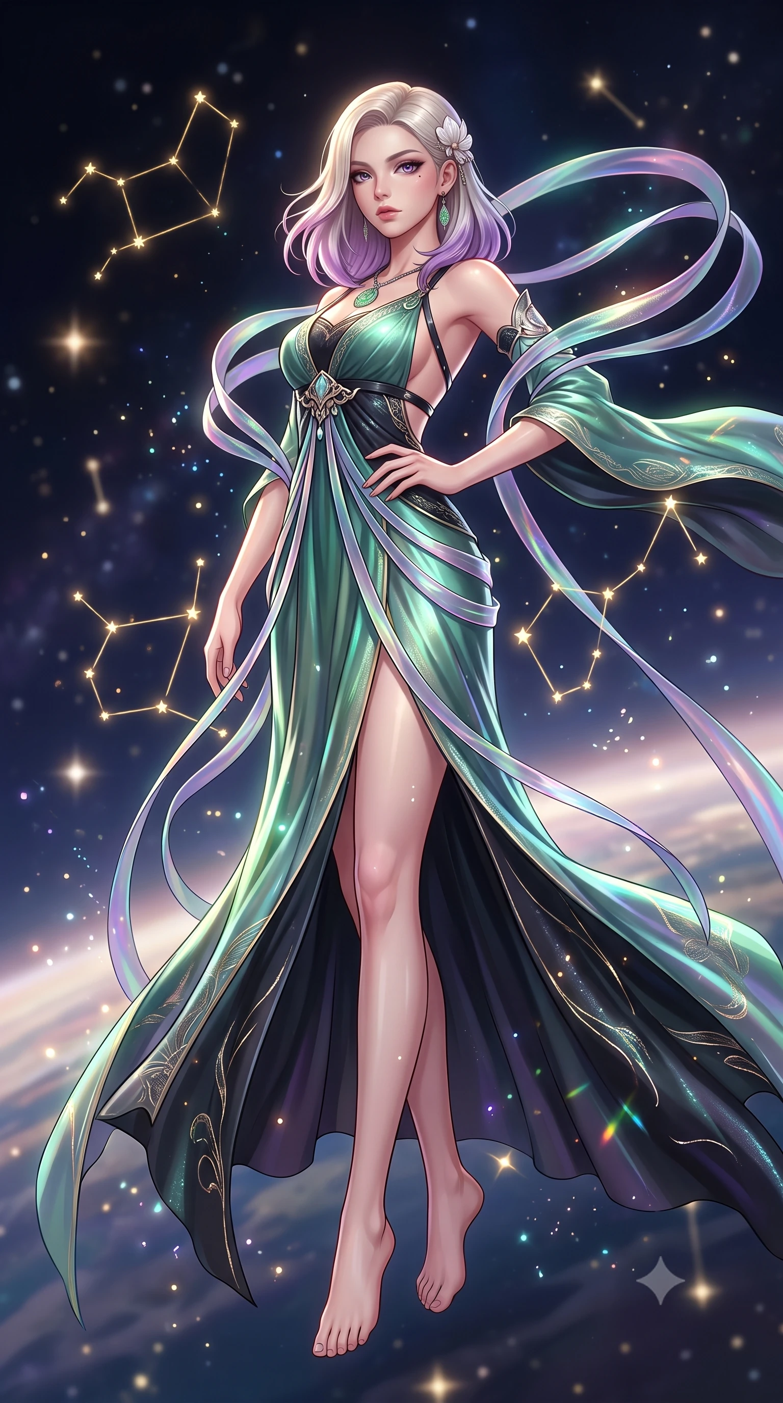 score_9, masterpiece, best quality, ultra-detailed, high-budget anime keyframe, semi-realistic 3D game render, editorial fashion photography, tasteful artistic composition, Caucasian woman. low angle full-body shot from head to toe showing her feet, filling the entire 9:16 vertical frame with her statuesque presence, stretching her vertical silhouette. standing poised with one hip cocked in an alluring high-fashion pose, her tall 8.5-heads proportions dominating the scene while pivoting dynamically in mid-air with an athletic yet alluring arch of her spine, weaving through floating golden constellations. The composition keeps background elements in soft focus with creamy bokeh. glowing starlight flecks and iridescent fabric sparkles scattering cosmic radiant light motes. She has an absolutely perfect, statuesque 8.5-heads proportion, an exceptionally tall and slender model-like female figure with impossibly long slender legs, a toned flat midriff, and an ultra-slim waist. sharp v-shaped jawline, high-bridge nose, intricate jewel-like eyes with depth, thick eyelashes, glossy lips with a natural sheen, captivating and magnetic expression, flawlessly proportioned anatomical accuracy, strict slender model proportions, natural body alignment, perfectly sculpted long slender limbs, ultra-slim waistline, clean dynamic posture without body distortion. wearing a zero-gravity celestial dancer gown with cascading iridescent ribbons and bare back harness in jade green and dark obsidian, woven from fine mulberry silk with metallic thread embroidery, accented with mother-of-pearl hair ornaments and a carved jade pendant, the liquid-tight tailored fabric emphasizing every curve of her tall, slender model proportions and sculptured silhouette during dynamic movement. surrounded by an immortal, transcendent, and breathtakingly majestic cosmos empress aura. highly saturated vibrant anime colors, detailed shading with soft gradients, rich glossy textures, high-contrast stereoscopic depth, volumetric dynamic lighting, master piece, 9:16 ratio