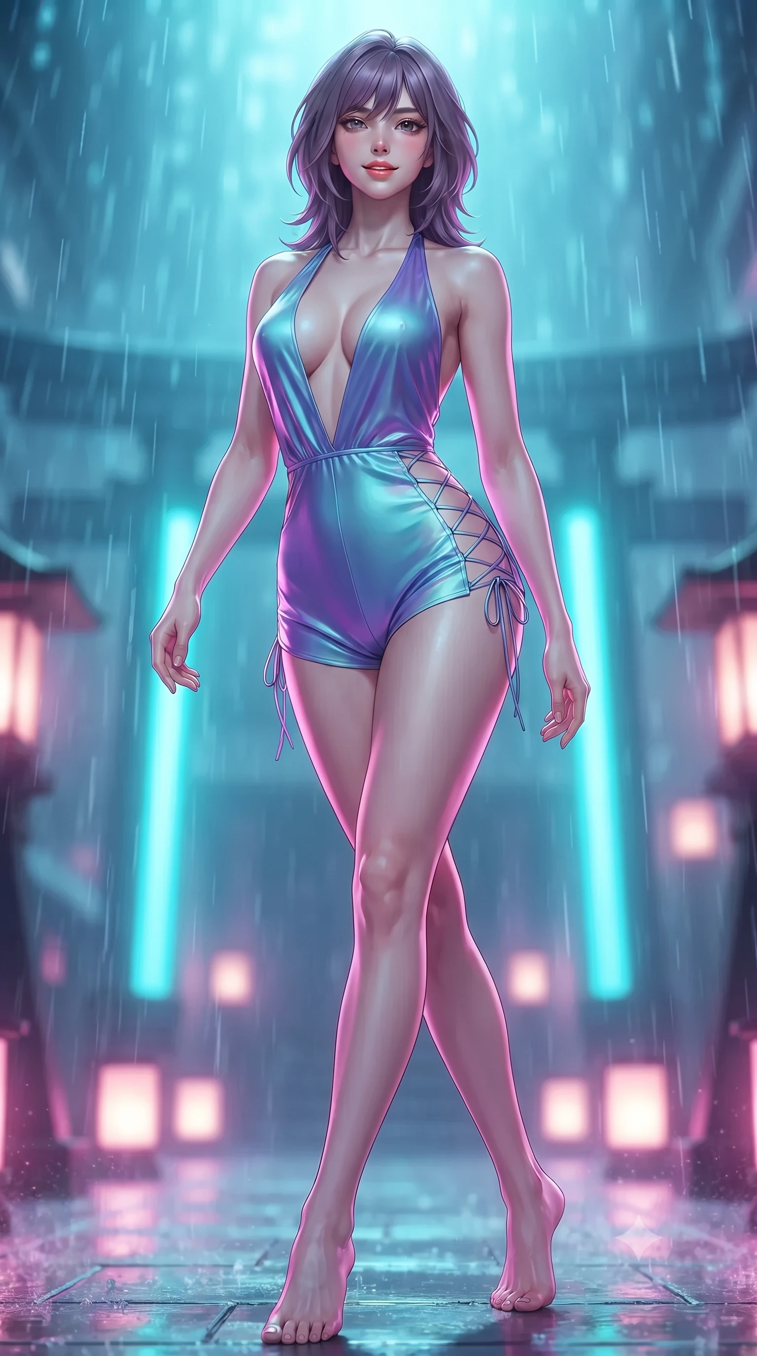score_9, masterpiece, best quality, ultra-detailed, high-budget anime keyframe, editorial fashion photography, tasteful artistic composition, Japanese woman. low angle full-body shot from head to toe showing her feet, filling the entire 9:16 vertical frame with her statuesque presence, stretching her vertical silhouette. stepping forward in a confident stride, her long slender legs and curvaceous hips creating a dynamic, sweeping vertical line while twisting her slender torso in an alluring S-curve between glowing ritual energy conduits, ambient magenta reflections tracing her flat midriff and hourglass curves. The background shows a soft-focus translucent digital rain cascades softened in cyber-shinto sacred sanctuary shallow focus. She has an exceptionally tall and slender model-like 8.5-heads proportion, an ultra-slim waist, a flat toned midriff, narrow delicate ribcage, and beautifully sculpted feminine hips creating a graceful, slim hourglass silhouette without any bulky heaviness, with impossibly long slender legs. sharp v-shaped jawline, high-bridge nose, intricate jewel-like sparkling eyes with depth, thick eyelashes, glossy parted lips with a natural peach sheen, bright cheerful beaming smile with an enchanting and coquettish sensual glint, exuding both youthful cute charm and seductive allure, flawlessly proportioned anatomical accuracy, strict slender model proportions, natural body alignment, perfectly sculpted long slender limbs, ultra-slim waistline, clean dynamic posture without body distortion. wearing a daring low-cut halterneck romper with exposed midriff and strappy hip cutouts in Cheonggyecheon neon aqua and ultraviolet amethyst, crafted from fluid liquid silk satin that clings smoothly to her narrow waist and rounded hips with a dewy sheen, featuring fine criss-cross lace-up side ties revealing tantalizing glimpses of her hip curve, the bespoke structured tailoring following the natural line of her 8.5-heads silhouette with refined elegance. bathed in pulsing electric-cyan Torii neon combined with warm 2400K sacred oil lantern flames. ultra-reflective glossy finish, specular highlights, rich textural contrasts, high-contrast stereoscopic depth, volumetric dynamic lighting, 2k, ultra detail, master piece, 9:16 ratio