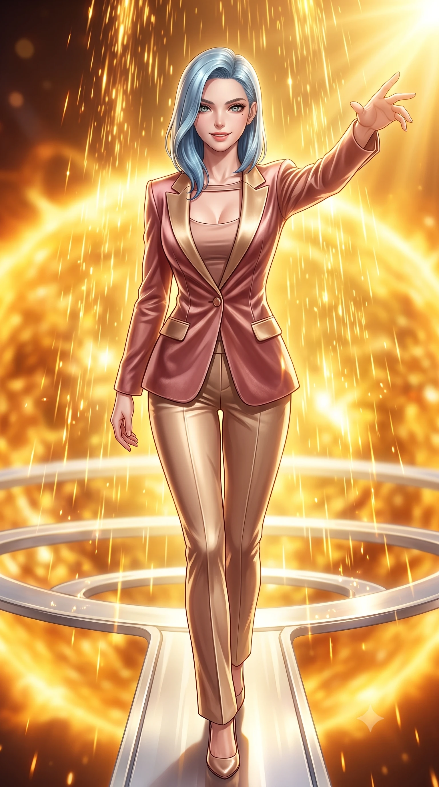 score_9, masterpiece, best quality, ultra-detailed, high-budget anime keyframe, editorial fashion photography, tasteful artistic composition, Korean woman. close-up cowboy shot from the waist and thighs up, the character dominates the composition, filling the frame with her large presence, background elements kept in soft focus. Extending one arm in an elegant stretch toward the light while smiling with magnetic self-assurance while stepping forward with a proud statuesque stride along a platinum ring suspended over a sun core, blazing solar flare sparks falling like a golden shower around her statuesque figure. She has an exceptionally elegant, slender, and willowy female figure with an ultra-slim waist, a gracefully sculpted slender torso, and a refined silhouette. sharp v-shaped jawline, high-bridge nose, intricate jewel-like eyes with depth, thick eyelashes, glossy lips with a natural sheen, flawlessly proportioned anatomical accuracy, natural body alignment, perfectly sculpted elegant limbs, clean dynamic posture without body distortion. wearing a tailored silk blazer over a form-contouring scoop-neck top and slacks in dusty rose and champagne gold, made of premium stretch velvet with a rich sheen, accented with a Tasteful chest slit framing her clavicle gracefully, the form-contouring material highlighting her ultra-slim waist and long lines. bathed in glorious golden solar flares and intense warm sunburst backlighting. highly saturated vibrant anime colors, detailed shading with soft gradients, rich glossy textures, high-contrast stereoscopic depth, volumetric dynamic lighting, master piece, 9:16 ratio