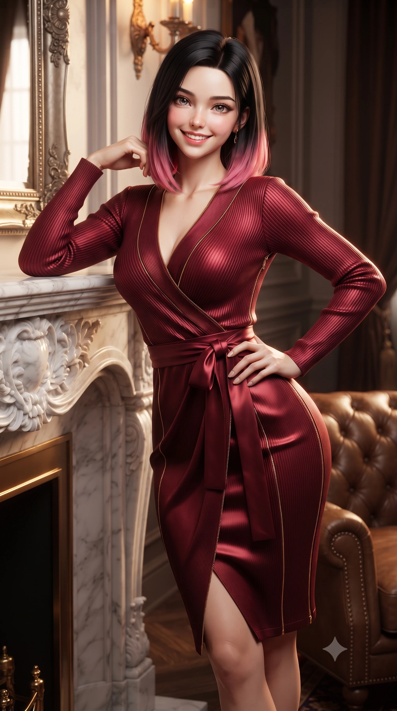 score_9, masterpiece, best quality, ultra-detailed, high-budget anime keyframe, editorial fashion photography, tasteful artistic composition, Korean woman. close-up cowboy shot from the waist and thighs up, the character dominates the composition, filling the frame with her large presence. leaning gracefully against the carved mantelpiece with one hand on her hip, showcasing her slender waist and feminine posture while standing poised beside the roaring marble fireplace, resting one elbow gracefully on the mantelpiece with sovereign aristocratic ease. The surrounding environment is rendered in vivid detail and crisp panoramic clarity: sharp carved Carrara marble fireplace mantel relief, diamond-tufted leather button creases, and hand-knotted wool rug pile in deep focus. She has an exceptionally elegant, slender, and willowy female figure with an ultra-slim waist, flat toned midriff, narrow ribcage, and sculpted feminine hips creating an alluring, slim hourglass silhouette without bulk. sharp v-shaped jawline, high-bridge nose, intricate jewel-like sparkling eyes with depth, thick eyelashes, glossy parted lips with a natural peach sheen, bright cheerful beaming smile with an enchanting and coquettish sensual glint, exuding both youthful cute charm and seductive allure, flawlessly proportioned anatomical accuracy, strict slender model proportions, natural body alignment, perfectly sculpted long slender limbs, ultra-slim waistline, clean dynamic posture without body distortion. wearing a form-fitting ribbed silk-cashmere wrap dress with a cinched sash belt framing her feminine hourglass proportions in Kyoto autumn maple crimson and deep ink black, crafted from lustrous liquid satin crepe that drapes in body-clinging ripples catching ambient lights, featuring fine gold zipper details tracing the vertical spine and contour seams, the body-conscious tailored knit hugging her sculpted torso and curvaceous hips in a seamless, fluid line that highlights her statuesque model proportions. illuminated by dark wood paneling reflection bounce and warm amber rim lights sculpting her cheekbones, waistline, and slender posture. ultra-reflective glossy finish, specular highlights, rich textural contrasts, high-contrast stereoscopic depth, volumetric dynamic lighting, 2k, ultra detail, master piece, 9:16 ratio