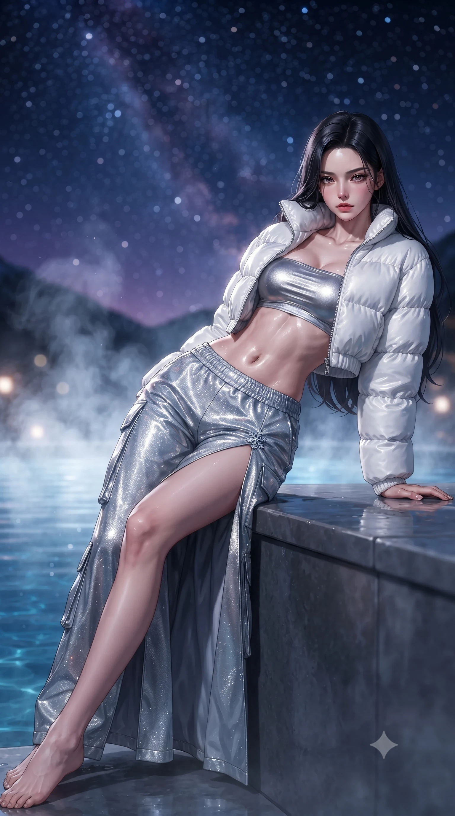 score_9, masterpiece, best quality, ultra-detailed, high-budget anime keyframe, editorial fashion photography, tasteful artistic composition, Korean woman. low angle full-body shot from head to toe showing her feet, filling the entire 9:16 vertical frame with her statuesque presence, stretching her vertical silhouette. reclining back languidly with one knee bent and spine arched in a breathtaking dancer line, commanding the entire 9:16 vertical frame while resting her chin on her crossed arms at the infinity pool's edge, gazing into the camera with bedroom-eyes. The composition keeps background elements in soft focus with creamy bokeh. rising thermal steam swirls and starry alpine night skies blurred into deep sapphire, amethyst, and pearl-white bokeh. She has an absolutely perfect, statuesque 8.5-heads proportion, an exceptionally tall and slender model-like female figure with impossibly long slender legs, a toned flat midriff, and an ultra-slim waist. sharp v-shaped jawline, high-bridge nose, intricate jewel-like eyes with depth, thick eyelashes, glossy parted lips with a natural sheen, intensely captivating and seductive expression, flawlessly proportioned anatomical accuracy, strict slender model proportions, natural body alignment, perfectly sculpted long slender limbs, ultra-slim waistline, clean dynamic posture without body distortion. wearing a cropped white puffer jacket worn over a metallic silver tube top and low-slung insulated cargo pants in winter slate grey and pearl luster, crafted from shimmering metallic lamé reflecting frost like crushed ice, accented with an ultra-high side slit secured by crystal snowflake clasps, the form-contouring material adhering flawlessly to her sculpted flat midriff and slender torso, emphasizing her long leg lines and perfectly proportioned willowy build. illuminated by wet specular highlights accentuating her slender neckline, sculpted waist, and curves. ultra-reflective glossy finish, specular highlights, rich textural contrasts, high-contrast stereoscopic depth, volumetric dynamic lighting, 2k, ultra detail, master piece, 9:16 ratio