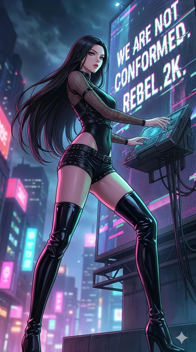 score_9, masterpiece, best quality, ultra-detailed, high-budget anime movie keyframe, cinematic anime lighting, intricate line art, Japanese woman. Low angle cowboy shot capturing a powerful motion and statuesque presence. hacking a giant billboard t