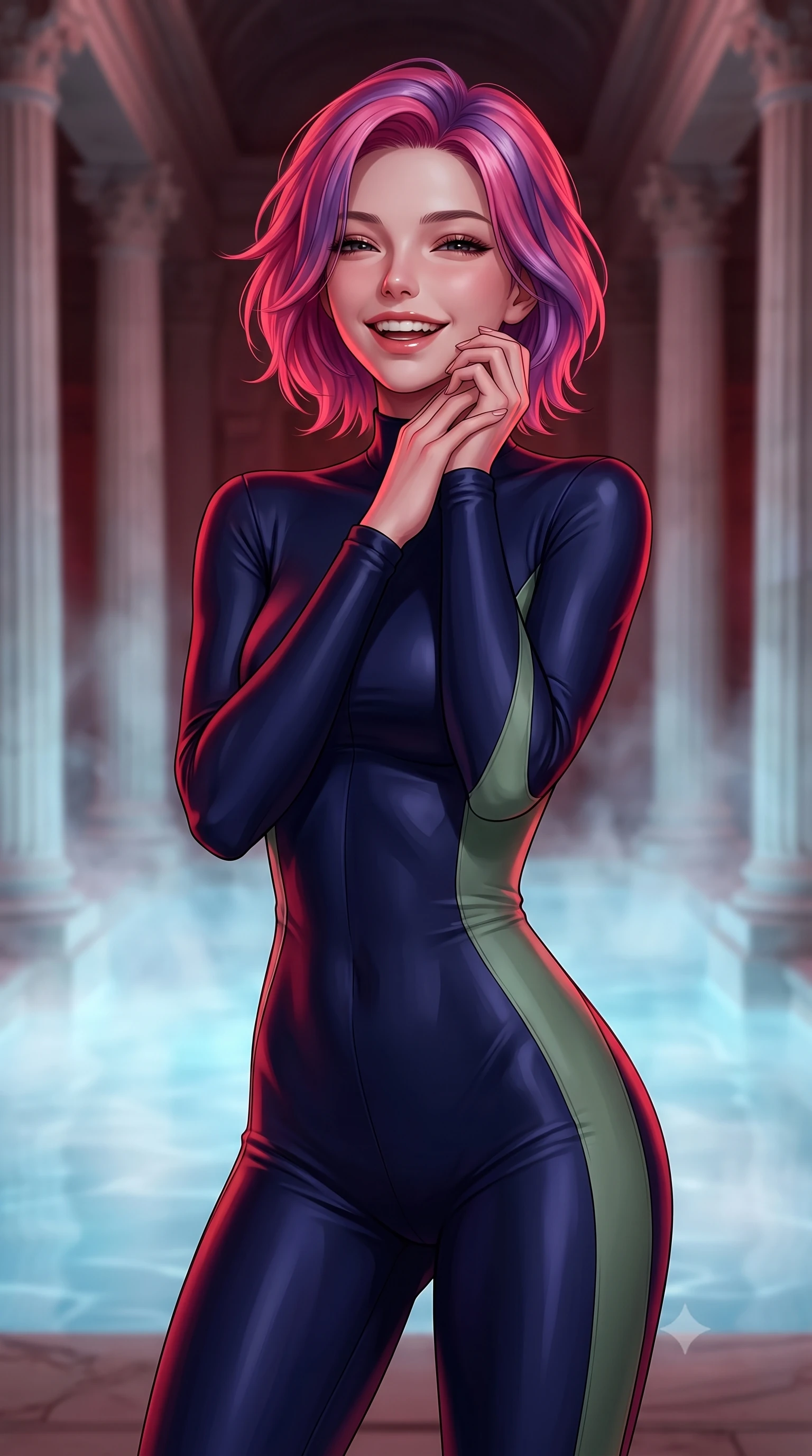 score_9, masterpiece, best quality, ultra-detailed, high-budget anime keyframe, editorial fashion photography, tasteful artistic composition, Caucasian woman, strictly human ears. close-up cowboy shot from the waist and thighs up, the character dominates the composition, filling the frame with her large presence, background elements kept in soft focus. Gently laughing with her head tilted back slightly in relaxed joy. set against a soft-focus background of inside a grand roman bath chamber with columns of white travertine, the steaming thermal waters glowing with an opaline blue light. She has an exceptionally elegant, slender, and willowy female figure with a highly-defined ultra-slim waist, a gracefully sculpted slender torso, and a refined slim-fit silhouette that contours her form. sharp v-shaped jawline, high-bridge nose, intricate jewel-like eyes with depth, thick eyelashes, glossy lips with a natural sheen. wearing a form-fitting catsuit in deep navy, with strategic sage green side panels that accentuate her slender waist. deep crimson theatrical lighting with sharp specular highlights on every curve. 2k, ultra detail, master piece, 9:16 ratio