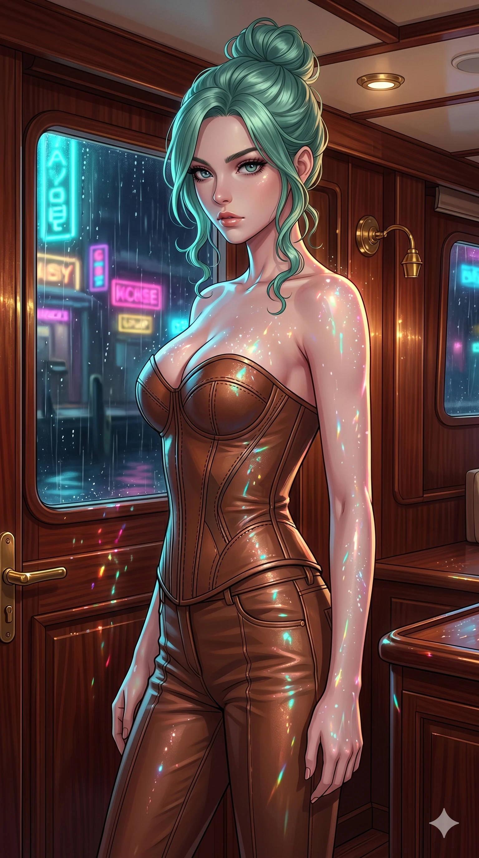 score_9, masterpiece, best quality, ultra-detailed, high-budget anime keyframe, editorial fashion photography, tasteful artistic composition, Japanese woman. cowboy shot from the thighs up, character and outfit filling the frame for maximum editorial presence. standing tall, looking over her shoulder with a magnetic gaze inside a luxury yacht stateroom cabin with rich mahogany paneling (Code-P18-189). She has an absolutely perfect 8-heads proportion, an exceptionally tall and slender female figure with impossibly long slender legs and an ultra-slim waist. V-shaped jawline, high-bridge nose, intricate jewel-like eyes with depth, thick eyelashes, glossy lips with a natural sheen. wearing a leather corset with sweetheart neckline revealing cleavage. neon lights refracting through the rain droplets, creating a sparkling, wet glow on her. 2k, ultra detail, master piece, 9:16 ratio