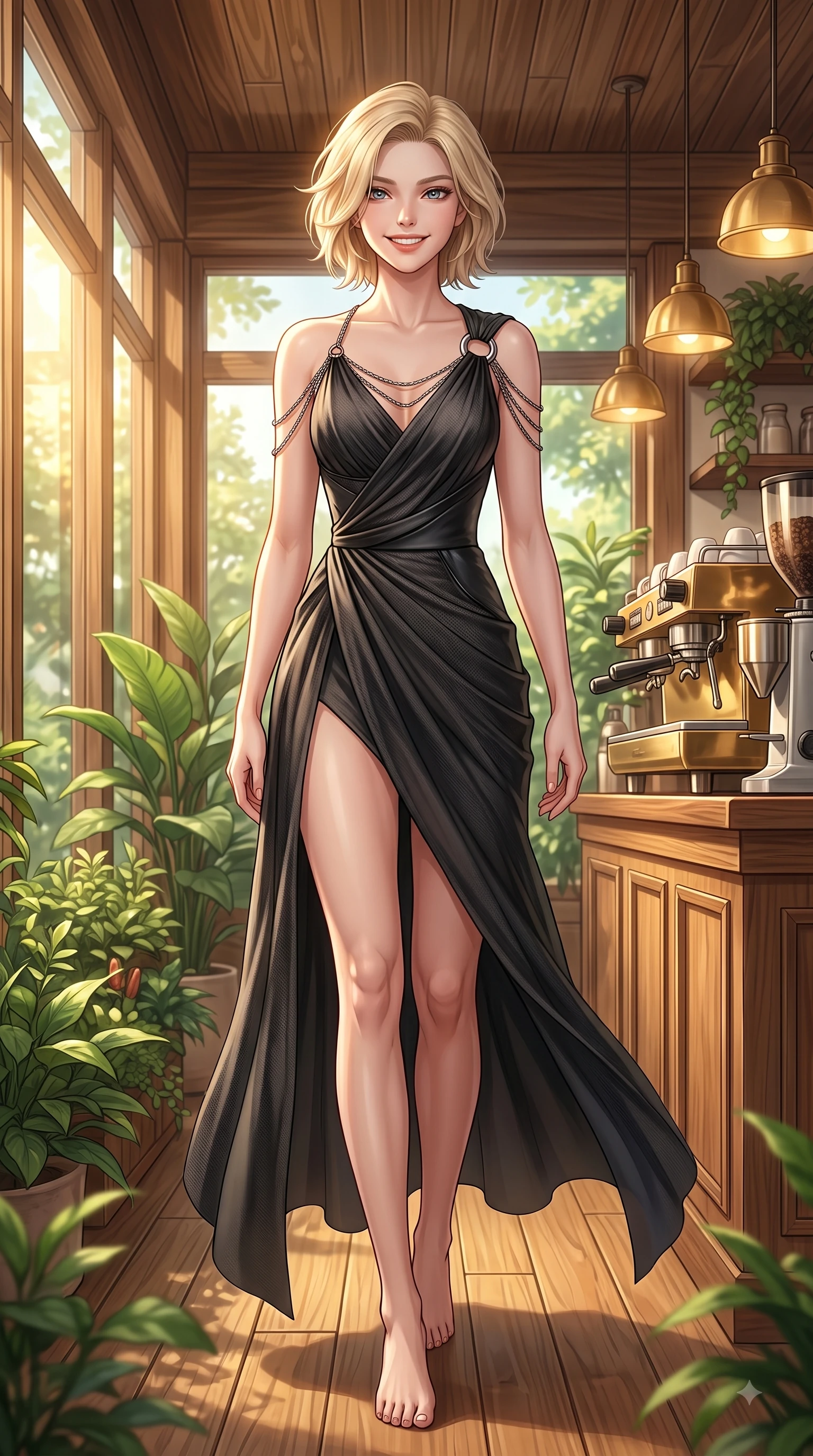 score_9, masterpiece, best quality, ultra-detailed, high-budget anime keyframe, editorial fashion photography, tasteful artistic composition, Caucasian woman. low angle full-body shot from head to toe showing her feet, filling the entire 9:16 vertical frame with her statuesque presence, stretching her vertical silhouette. stepping forward in a proud dynamic stride with a cheerful beaming smile, her vertical silhouette filling the frame while pivoting gracefully on a secluded wooden cafe terrace enveloped by lush green garden foliage, warm oak wood interior and brass coffee machines reflecting soft golden ambient lamps. She has an absolutely perfect, statuesque 8.5-heads proportion, an exceptionally tall and slender model-like female figure with impossibly long slender legs and an ultra-slim waist. sharp v-shaped jawline, high-bridge nose, intricate jewel-like eyes with depth, thick eyelashes, glossy lips with a natural sheen, flawlessly proportioned anatomical accuracy, natural body alignment, perfectly sculpted elegant limbs, clean dynamic posture without body distortion. wearing an asymmetrical Grecian draped chiffon gown with a metallic shoulder ring in matte black and polished silver, made of fine carbon-fiber weave and soft matte leather, adorned with delicate metallic chain straps along the neckline, the elegant draped fit framing her graceful clavicle and slender torso. bathed in warm golden sunlight streaming through clean glass cafe windows. highly saturated vibrant anime colors, detailed shading with soft gradients, rich glossy textures, high-contrast stereoscopic depth, volumetric dynamic lighting, master piece, 9:16 ratio