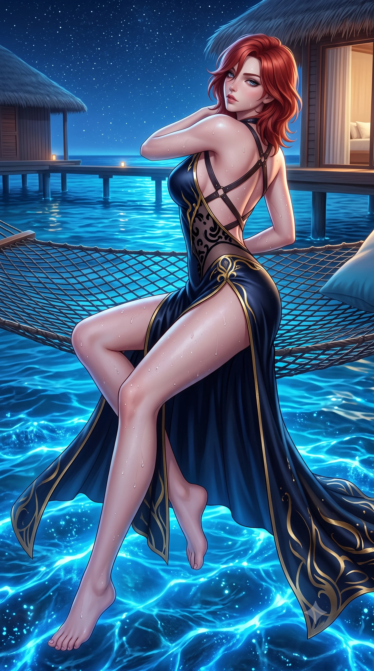 score_9, masterpiece, best quality, ultra-detailed, high-budget anime keyframe, semi-realistic 3D game render, editorial fashion photography, tasteful artistic composition, Korean woman. low angle full-body shot from head to toe showing her feet, filling the entire 9:16 vertical frame with her statuesque presence, stretching her vertical silhouette. executing an elegant mid-motion pivot turn as garments swirl around her slender limbs, glancing over her shoulder with an intoxicating bedroom-gaze while reclining across the suspended overwater net hammock hovering inches above glowing blue bioluminescent waves, arching her spine with seductive tropical grace. The surrounding environment is rendered in vivid detail and crisp panoramic clarity. detailed swimwear fabric sheen, water droplet beads on skin, and starlit sky clarity in high resolution. She has an exceptionally tall and slender model-like 8.5-heads proportion, an ultra-slim waist, a flat toned midriff, narrow delicate ribcage, and beautifully sculpted feminine hips creating a graceful, slim hourglass silhouette without any bulky heaviness, with impossibly long slender legs. sharp v-shaped jawline, high-bridge nose, intricate jewel-like eyes with depth, thick eyelashes, glossy parted lips with a natural sheen, intensely captivating and seductive bedroom-eyes expression, flawlessly proportioned anatomical accuracy, strict slender model proportions, natural body alignment, perfectly sculpted long slender limbs, ultra-slim waistline, clean dynamic posture without body distortion. wearing a plunging-V neckline duchess satin gown with high side slits ascending to the high hip in midnight obsidian black and liquid gold, made of sheer contouring power-mesh with velvet flocking patterns, featuring an open-back criss-cross harness strap in dark leather, the form-contouring material adhering flawlessly to her sculpted flat midriff and slender torso, emphasizing her long leg lines and perfectly proportioned willowy build. illuminated by sparkling aquatic highlights carving her razor-sharp jawline, narrow waist, and curvy hips. highly saturated vibrant anime colors, detailed shading with soft gradients, rich glossy textures, high-contrast stereoscopic depth, volumetric dynamic lighting, master piece, 9:16 ratio