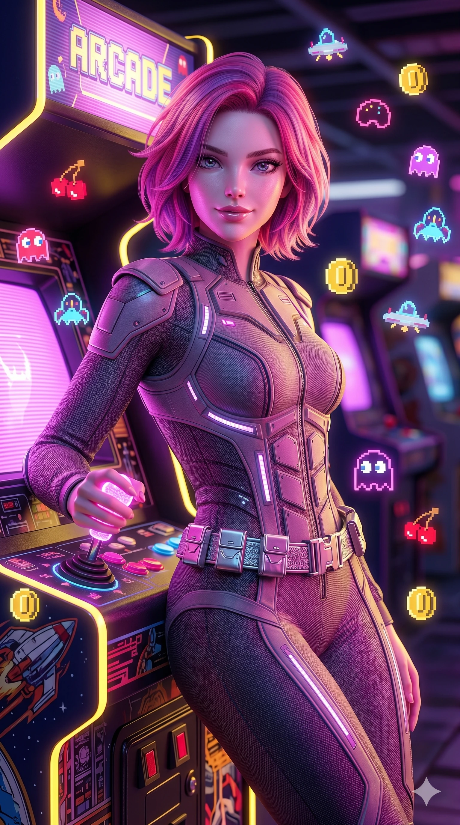 score_9, masterpiece, best quality, ultra-detailed, high-budget anime keyframe, semi-realistic 3D game render, Caucasian woman, strictly human ears. Upper body close-up from the thighs up, character filling the screen for maximum presence. She is leaning back against a glowing retro arcade cabinet, surrounded by floating pixelated neon icons. She holds a glowing joystick with a teasing, commanding smile. She has an absolutely perfect 8-heads proportion, a tall and elegant figure with a refined silhouette and a defined waistline. V-shaped jawline, high-bridge nose, intricate jewel-like eyes with depth, thick eyelashes, glossy lips with a natural sheen. She is wearing a high-fashion tech-jumpsuit featuring structured panel overlays across the torso and shoulders, accented by a metallic silver utility belt and textured fabric sleeves. The scene is illuminated by bright pink and violet neon screen glare and a sharp yellow ambient rim light. 2k, ultra detail, master piece, 9:16 ratio