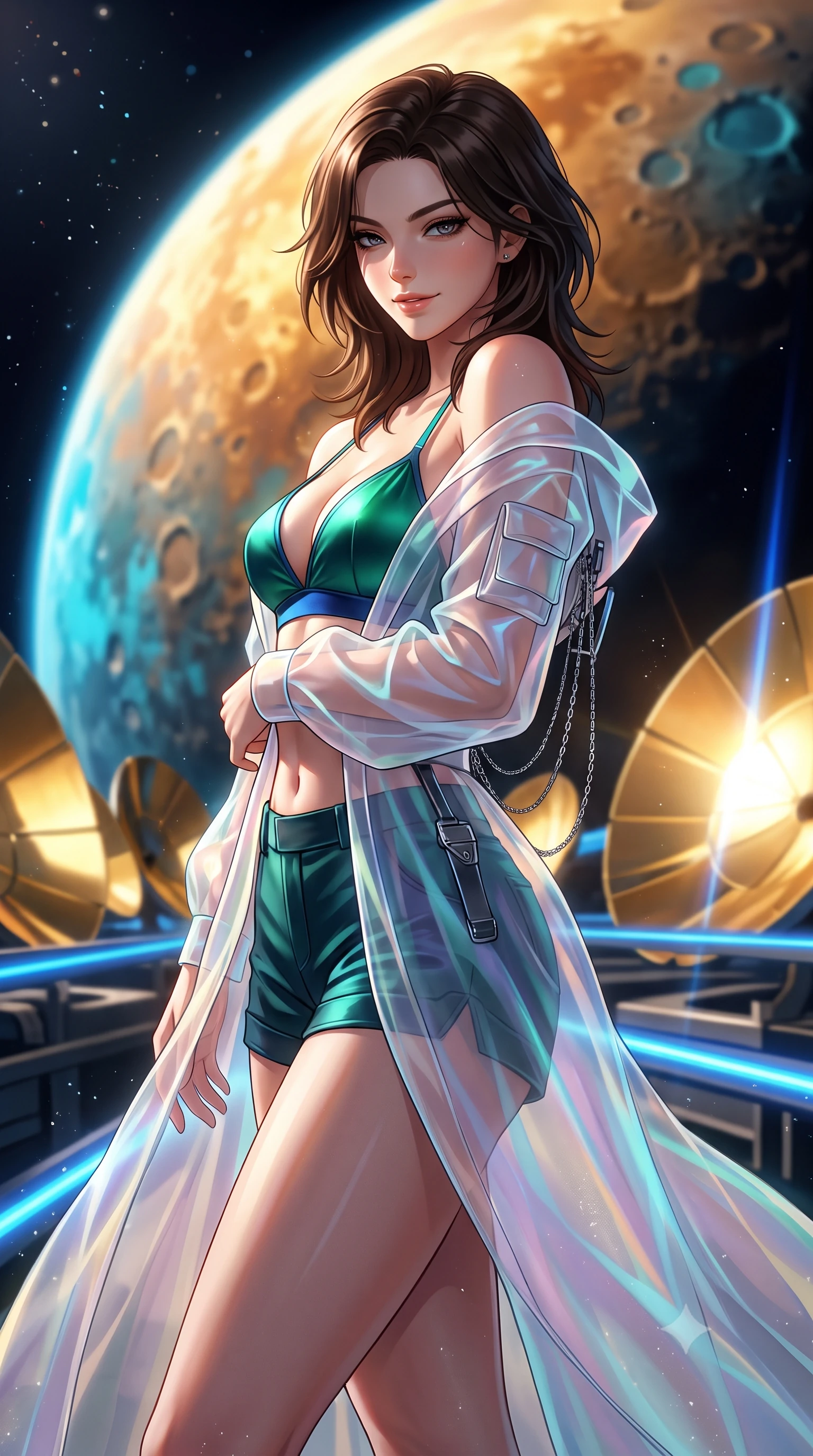 score_9, masterpiece, best quality, ultra-detailed, high-budget anime keyframe, semi-realistic 3D game render, editorial fashion photography, tasteful artistic composition, Korean woman. close-up cowboy shot from the waist and thighs up, the character dominates the composition, filling the frame with her large presence. leaning forward while arching her lower back to accentuate her curvy hips, looking into the camera with an intoxicating smoldering gaze and bedroom-eyes while standing poised on the exterior mirror observation gantry orbiting scorched Mercury, arching her spine with seductive warrior poise as kilometer-wide parabolic mirrors focus sunlight. The background shows a soft-focus vast fields of polished gold-coated parabolic mirrors reflecting the sun, blazing blue laser conduits, and scorched cratered Mercury surface blurred into gold, cyan, and charcoal bokeh. She has an exceptionally elegant, slender, and willowy female figure with an ultra-slim waist, flat toned midriff, narrow ribcage, and sculpted feminine hips creating an alluring, slim hourglass silhouette without bulk. sharp v-shaped jawline, high-bridge nose, intricate jewel-like sparkling eyes with depth, thick eyelashes, glossy parted lips with a natural peach sheen, bright cheerful beaming smile with an enchanting and coquettish sensual glint, exuding both youthful cute charm and seductive allure, flawlessly proportioned anatomical accuracy, strict slender model proportions, natural body alignment, perfectly sculpted long slender limbs, ultra-slim waistline, clean dynamic posture without body distortion. wearing a translucent iridescent organza tactical robe slipping off bare shoulders over a matching satin micro-bralette and combat shorts in bioluminescent emerald and abyssal sapphire, crafted from bespoke double-faced cashmere with an exceptionally soft tactile finish, accented with an open-back drape framed by falling strands of delicate chrome chains, the bespoke structured tailoring following the natural line of her 8.5-heads silhouette with refined elegance. bathed in pure high-intensity 5500K focused solar light contrasted with deep jet-black space shadows. highly saturated vibrant anime colors, detailed shading with soft gradients, rich glossy textures, high-contrast stereoscopic depth, volumetric dynamic lighting, master piece, 9:16 ratio