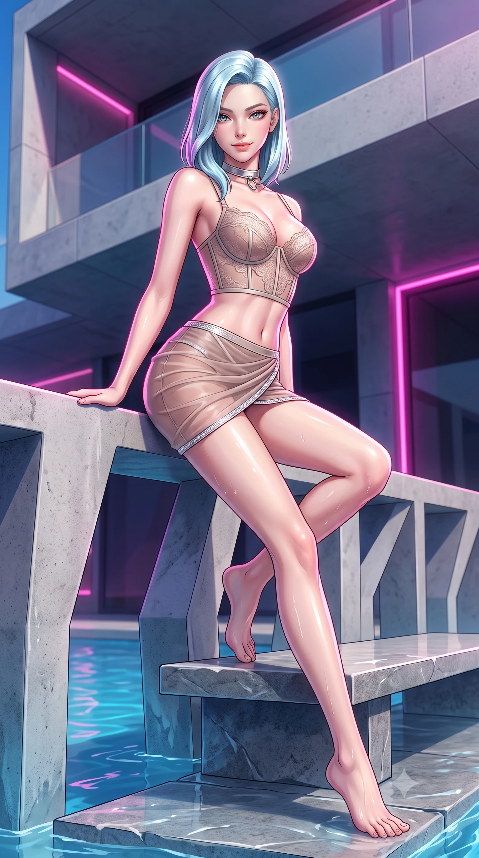 score_9, masterpiece, best quality, ultra-detailed, high-budget anime keyframe, semi-realistic 3D game render, editorial fashion photography, tasteful artistic composition, Korean woman. low angle full-body shot from head to toe showing her feet, filling the entire 9:16 vertical frame with her statuesque presence, stretching her vertical silhouette. leaning deep against the balcony balustrade with hips cocked back in an unapologetically alluring high-fashion stance, casting an intoxicating glance while sitting poised on the submerged stone bench with one knee drawn up, casting a teasing, magnetic bedroom-smile toward the viewer. The surrounding environment is rendered in vivid detail and crisp panoramic clarity: detailed strapless boned corset swimsuit weave, silver neck collar shine, and cutting-edge cantilever engineering in razor-sharp precision. She has an absolutely perfect, statuesque 8.5-heads proportion, an exceptionally tall and slender model-like female figure with impossibly long slender legs, an ultra-slim waist, a flat toned midriff, narrow delicate ribcage, and beautifully sculpted feminine hips creating a graceful, slim hourglass silhouette without any bulky heaviness. sharp v-shaped jawline, high-bridge nose, sparkling eyes with hypnotic seductive depth, thick curled eyelashes, glossy parted lips with a natural dewy peach sheen, alluring bedroom-eyes with an enchanting coquettish smile, exuding magnetic siren charisma and sophisticated glamour, flawlessly proportioned anatomical accuracy, strict slender model proportions, natural body alignment, perfectly sculpted long slender limbs, ultra-slim waistline, clean dynamic posture without body distortion. wearing a sculpted underwire demi-bustier in semi-sheer lace paired with an ultra-short draped tulip skirt in sheer dusky champagne and glistening crystal trims, tailored from fine structural neoprene with crisp architectural edges and smooth contouring, finished with scalloped eyelash lace trim framing her sweetheart neckline with intimate elegance, the second-skin tailored fabric adhering flawlessly to her sculpted flat midriff and slender torso, emphasizing her long leg lines and perfectly proportioned willowy build. illuminated by thermal water reflection bounce and sharp electric-pink rim lights sculpting her jawline, flat midriff, and curvy hips. highly saturated vibrant anime colors, detailed shading with soft gradients, rich glossy textures, high-contrast stereoscopic depth, volumetric dynamic lighting, master piece, 9:16 ratio