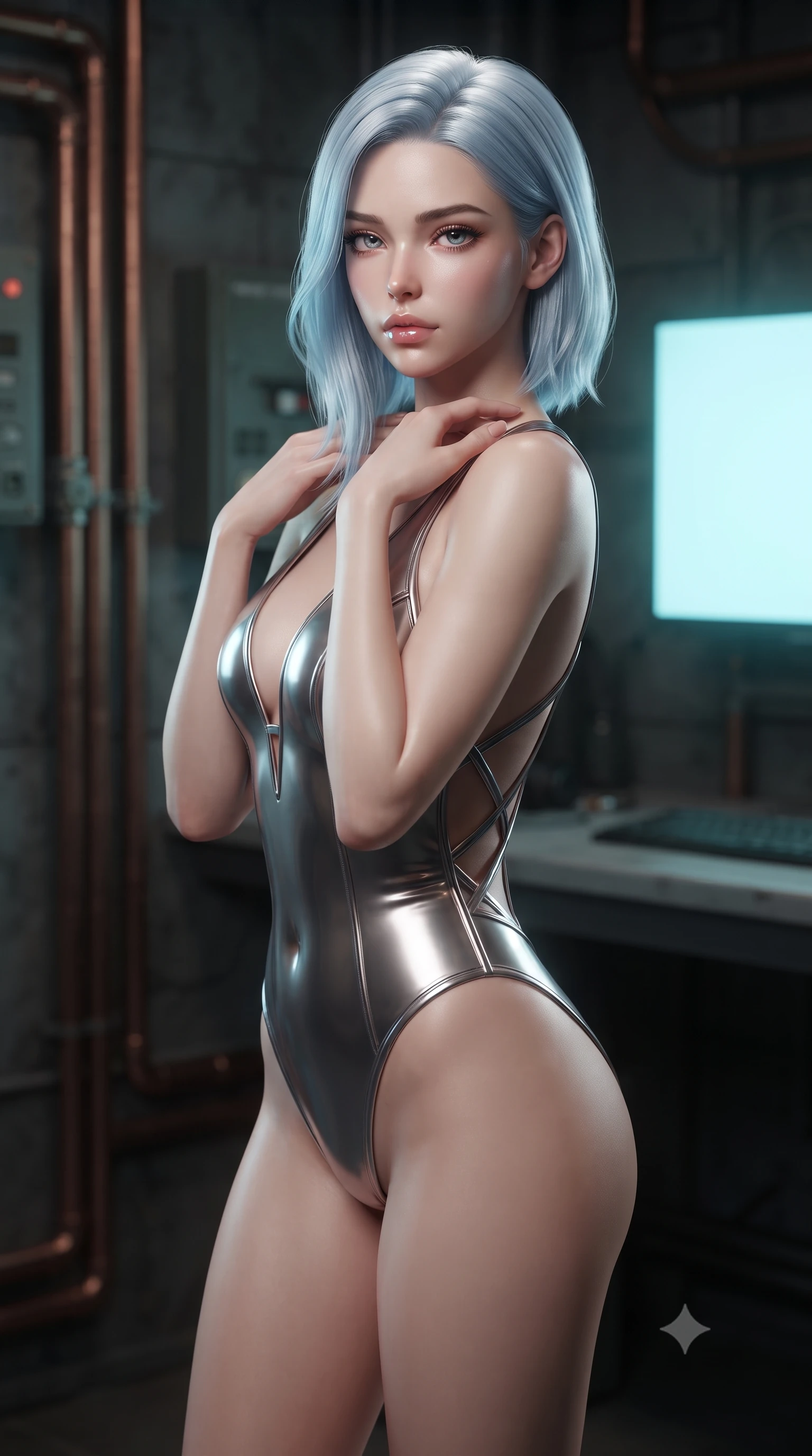 score_9, masterpiece, best quality, ultra-detailed, high-budget anime keyframe, editorial fashion photography, tasteful artistic composition, Korean woman. close-up cowboy shot from the waist and thighs up, the character dominates the composition, filling the frame with her large presence, background elements kept in soft focus. standing in a relaxed, elegant posture with both hands resting lightly on her collarbone, looking at the viewer with bedroom-eyes, the background shows a soft-focus a control desk balcony inside a military bunker with exposed copper pipes. She has an exceptionally elegant, slender, and willowy female figure with an ultra-slim waist, a gracefully sculpted slender torso, and a refined silhouette. sharp v-shaped jawline, high-bridge nose, intricate jewel-like eyes with depth, thick eyelashes, glossy lips with a natural sheen. wearing a slim-fit low-cut cybernetic bodysuit with open-back design and thin structural straps crossing her bare shoulder blades. soft cyan screen glare contrasting with the dark industrial walls. ultra-reflective glossy finish, specular highlights, metallic sheen, high-contrast stereoscopic depth, volumetric dynamic lighting, 2k, ultra detail, master piece, 9:16 ratio