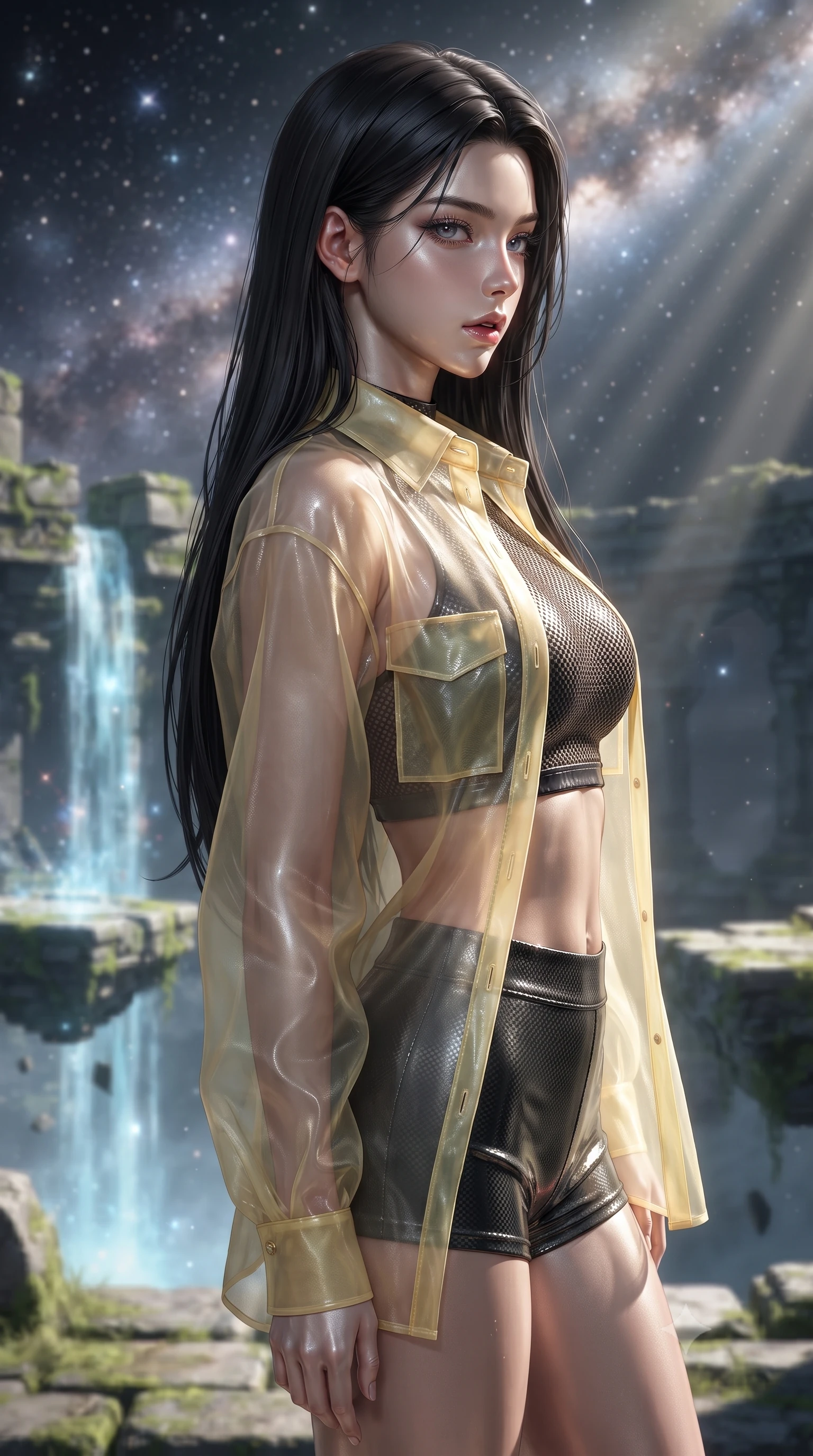 score_9, masterpiece, best quality, ultra-detailed, high-budget anime keyframe, editorial fashion photography, tasteful artistic composition, Korean woman. close-up cowboy shot from the waist and thighs up, the character dominates the composition, filling the frame with her large presence, background elements kept in soft focus. turning her face in profile to look over her shoulder, casting a smoldering side gaze with lips slightly parted, the background shows a soft-focus a ruins courtyard with levitating stone platforms near the energy waterfall. She has an exceptionally elegant, slender, and willowy female figure with an ultra-slim waist, a gracefully sculpted slender torso, and a refined silhouette. sharp v-shaped jawline, high-bridge nose, intricate jewel-like eyes with depth, thick eyelashes, glossy lips with a natural sheen. wearing a body-hugging sheer organza combat shirt in pale yellow, worn open over a carbon-mesh crop top and micro-shorts. dappled starlight filtering through cosmic dust clouds, creating light rays. ultra-reflective glossy finish, specular highlights, metallic sheen, high-contrast stereoscopic depth, volumetric dynamic lighting, 2k, ultra detail, master piece, 9:16 ratio