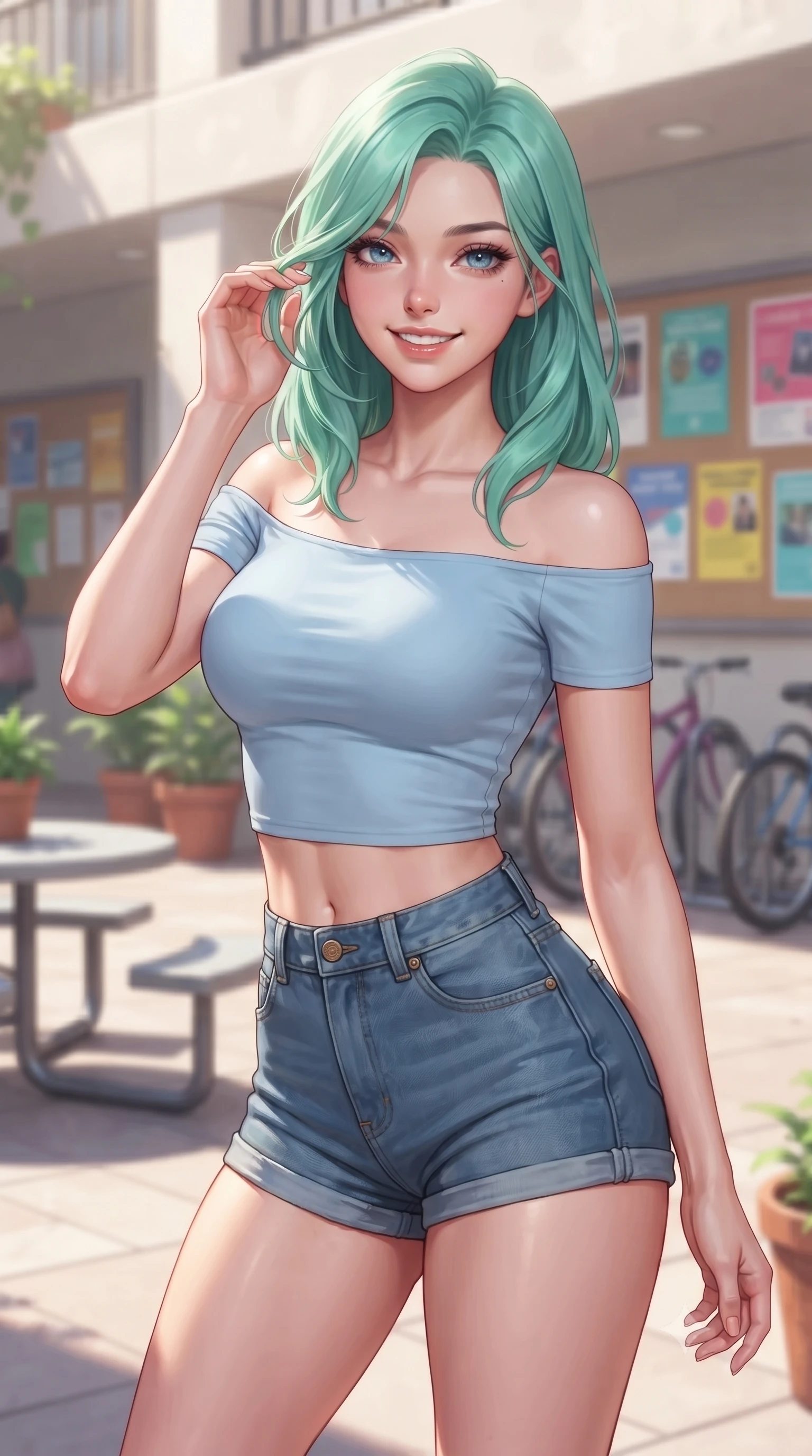 score_9, masterpiece, best quality, ultra-detailed, high-budget anime keyframe, editorial fashion photography, tasteful artistic composition, Japanese woman. close-up cowboy shot from the waist and thighs up, the character dominates the composition, filling the frame with her large presence, background elements kept in soft focus. flashing an intoxicating, sunny grin while brushing a strand of hair away from her face set against a soft-focus background of in a sunlit campus courtyard filled with student tables, potted plants, and bicycle racks with colorful college flyers and posters decorating the bulletin boards behind her. She has an exceptionally elegant, slender, and willowy female figure with an ultra-slim waist, a gracefully sculpted slender torso, and a refined silhouette. sharp v-shaped jawline, high-bridge nose, intricate jewel-like eyes with depth, thick eyelashes, glossy lips with a natural sheen. wearing slim-fit off-shoulder crop top in baby blue, paired with high-waist denim shorts. soft diffused daylight creating a clean, high-key glow in the space. highly saturated vibrant anime colors, detailed shading with soft gradients, rich glossy textures, high-contrast stereoscopic depth, volumetric dynamic lighting, master piece, 9:16 ratio