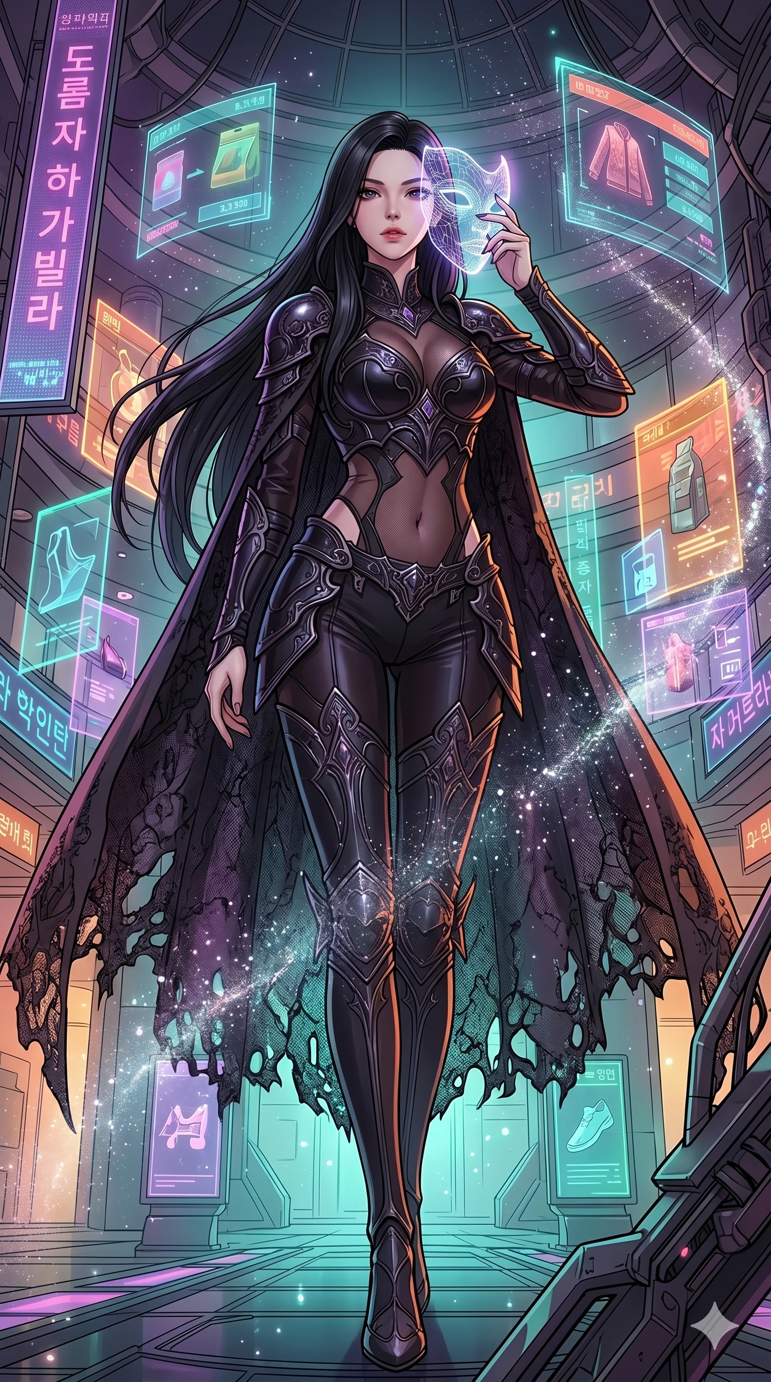 score_9, masterpiece, best quality, ultra-detailed, high-budget anime movie keyframe, cinematic anime lighting, intricate line art, Korean woman. Low angle cowboy shot filling the entire 9:16 frame with her statuesque presence. adjusting a glowing mask in a holographic shopping mall in a mist of stardust. She has an absolutely perfect 8-heads proportion, an exceptionally tall and slender female figure with an ultra-slim waist and impossibly long slender legs. sharp v-shaped jawline, high-bridge nose, intricate jewel-like eyes, thick eyelashes, glossy lips. Wearing dark fantasy gothic leather armor with ornate obsidian plates, a tattered lace cape, and sheer mesh cut-outs at the midriff, exuding a mysterious allure. The scene is illuminated by dramatic atmospheric lighting and vibrant color palettes. , 2k, ultra detail, master piece, 9:16 ratio