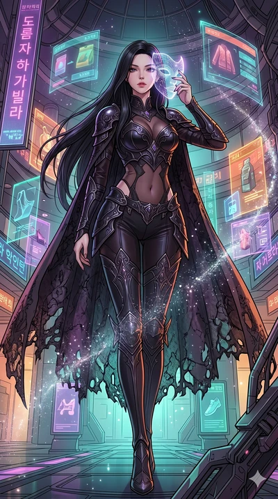 score_9, masterpiece, best quality, ultra-detailed, high-budget anime movie keyframe, cinematic anime lighting, intricate line art, Korean woman. Low angle cowboy shot filling the entire 9:16 frame with her statuesque presence. adjusting a glowing ma