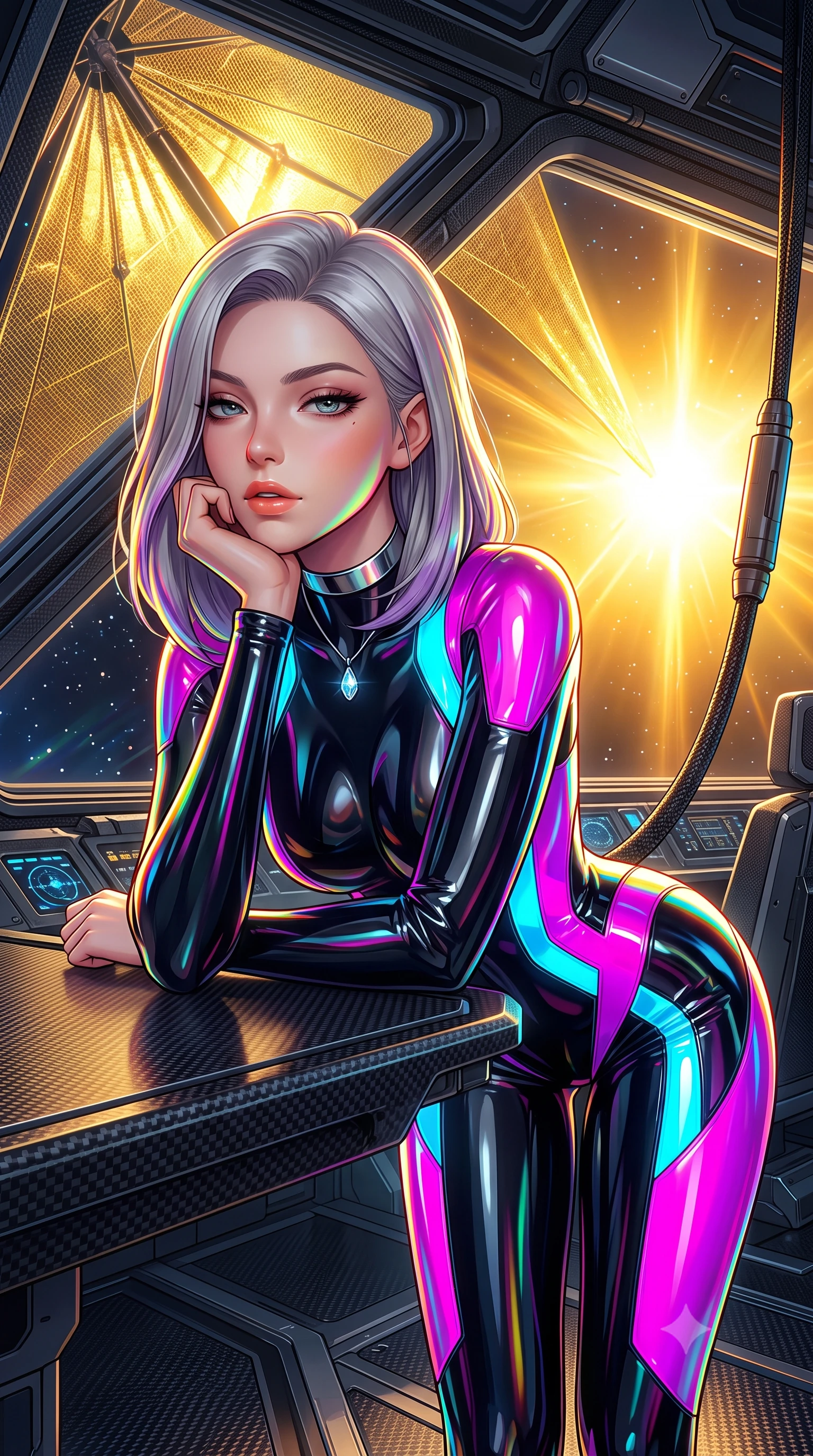 score_9, masterpiece, best quality, ultra-detailed, high-budget anime keyframe, semi-realistic 3D game render, editorial fashion photography, tasteful artistic composition, Caucasian woman. close-up cowboy shot from the waist and thighs up, the character dominates the composition, filling the frame with her large presence. resting one elbow on the table and supporting her chin, leaning close to the camera with heavy-lidded sparkling eyes and parted lips while leaning against the zero-gravity carbon tether with hips cocked back, watching the blazing golden solar corona flare through polarizing solar sails with smoldering bedroom-eyes. The surrounding environment is rendered in vivid detail and crisp panoramic clarity: sharp ultra-thin nanofiber sail weave textures, carbon-composite spar joints, and razor-sharp celestial starpoints in deep focus. She has an exceptionally elegant, slender, and willowy female figure with an ultra-slim waist, flat toned midriff, narrow ribcage, and sculpted feminine hips creating an alluring, slim hourglass silhouette without bulk. sharp v-shaped jawline, high-bridge nose, intricate jewel-like sparkling eyes with depth, thick eyelashes, glossy parted lips with a natural peach sheen, bright cheerful beaming smile with an enchanting and coquettish sensual glint, exuding both youthful cute charm and seductive allure, flawlessly proportioned anatomical accuracy, strict slender model proportions, natural body alignment, perfectly sculpted long slender limbs, ultra-slim waistline, clean dynamic posture without body distortion. wearing a sleek second-skin cyber-pilot bodysuit with high-gloss patent leather panels accentuating her ultra-slim waistline in Shinjuku acid-rain magenta and cyan neon, tailored from high-gloss patent leather with mirror-like specular highlights, finished with a minimalist chrome choker and a single teardrop diamond pendant, the form-contouring silhouette accentuating her sculpted flat midriff, narrow delicate ribcage, and gracefully curvy hips with intoxicating allure. illuminated by solar sail diffraction reflection bounce and sharp chromatic-rainbow rim lights defining her jawline, narrow waist, and curvy hips. highly saturated vibrant anime colors, detailed shading with soft gradients, rich glossy textures, high-contrast stereoscopic depth, volumetric dynamic lighting, master piece, 9:16 ratio