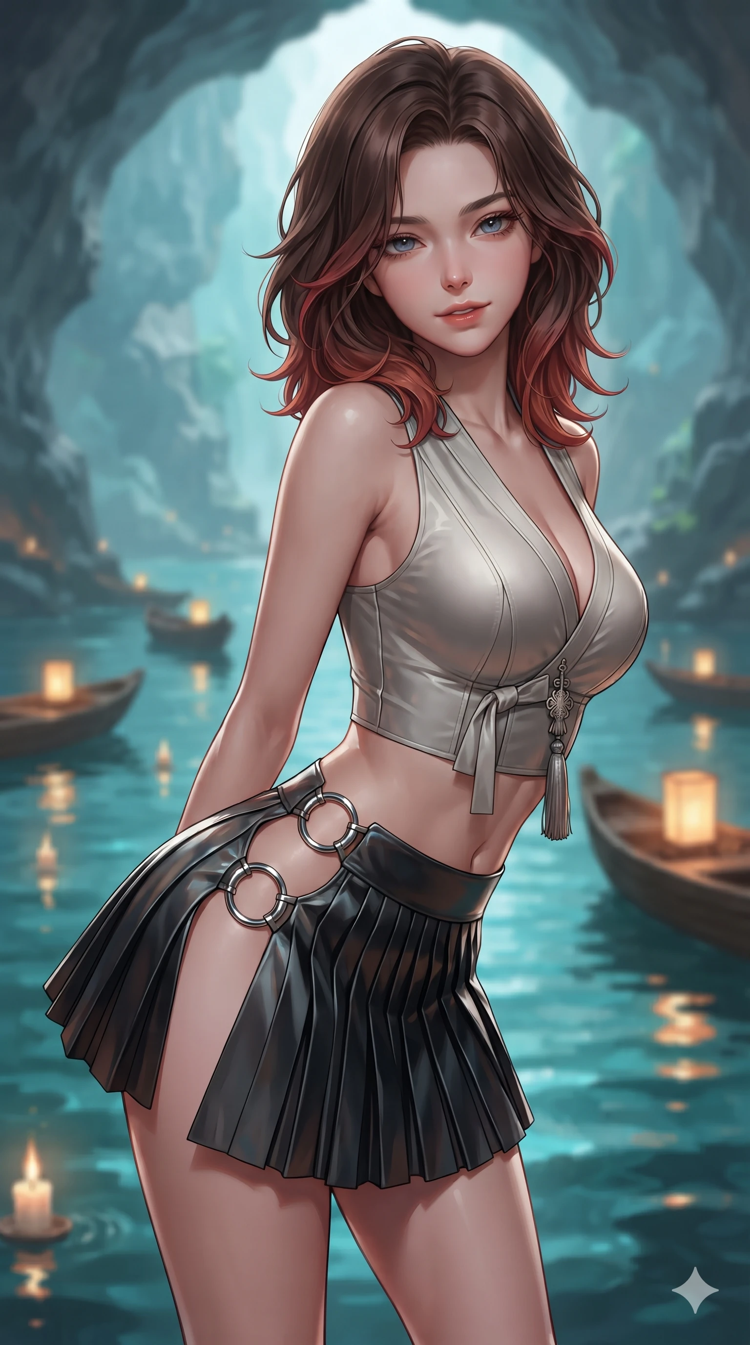 score_9, masterpiece, best quality, ultra-detailed, high-budget anime keyframe, editorial fashion photography, tasteful artistic composition, Korean woman. close-up cowboy shot from the waist and thighs up, the character dominates the composition, filling the frame with her large presence. leaning forward while arching her lower back to accentuate her curvy hips, looking into the camera with an intoxicating smoldering gaze and bedroom-eyes while twisting her slender torso in an alluring contrapposto stance, floating candle flames and turquoise water reflections tracing her curves. The background shows a soft-focus soaring limestone cavern arches, floating wooden skiffs with glowing paper lanterns, and turquoise shallows blurred into aquamarine, amber, and slate bokeh. She has an exceptionally elegant, slender, and willowy female figure with an ultra-slim waist, flat toned midriff, narrow ribcage, and sculpted feminine hips creating an alluring, slim hourglass silhouette without bulk. sharp v-shaped jawline, high-bridge nose, sparkling eyes with hypnotic seductive depth, thick curled eyelashes, glossy parted lips with a natural dewy peach sheen, alluring bedroom-eyes with an enchanting coquettish smile, exuding magnetic siren charisma and sophisticated glamour, flawlessly proportioned anatomical accuracy, strict slender model proportions, natural body alignment, perfectly sculpted long slender limbs, ultra-slim waistline, clean dynamic posture without body distortion. wearing a modern boned hanbok bustier top with norigae tassel paired with an ultra-short micro-pleated silk wrap mini skirt in liquid mercury chrome and deep ink black, tailored from heavy double-faced silk faille with an exceptionally fluid drape, accented with sculptural chrome hardware rings framing the subtle cutouts, the precision-cut side openings and low-back scoop framing her graceful spine and the sensual sweep of her slim, toned hips. illuminated by turquoise pool water bounce and sharp cyan-gold rim lights sculpting her razor-sharp jawline, narrow waist, and curvy hips. ultra-reflective glossy finish, specular highlights, rich textural contrasts, high-contrast stereoscopic depth, volumetric dynamic lighting, 2k, ultra detail, master piece, 9:16 ratio