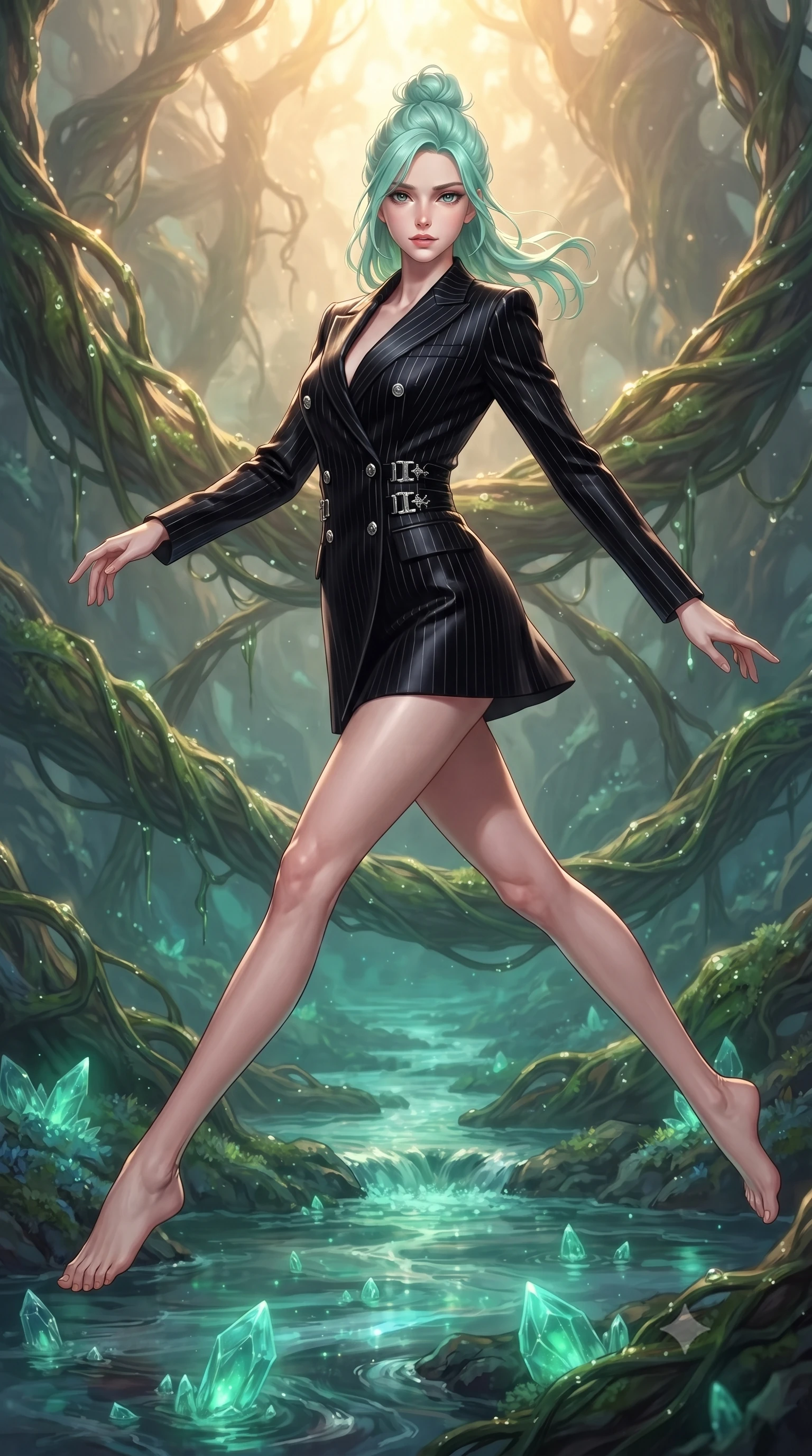 score_9, masterpiece, best quality, ultra-detailed, high-budget anime keyframe, editorial fashion photography, tasteful artistic composition, Japanese woman. low angle full-body shot from head to toe showing her feet, filling the entire 9:16 vertical frame with her statuesque presence, stretching her vertical silhouette. performing an athletic mid-air rotation with flawless poise, her vertical silhouette beautifully stretched while leaping gracefully over a hydro-flow crystal stream flowing with emerald liquid light, dewdrops on biomorphic vines casting bright specular highlights in mid-air. She has an absolutely perfect, statuesque 8.5-heads proportion, an exceptionally tall and slender model-like female figure with impossibly long slender legs and an ultra-slim waist. sharp v-shaped jawline, high-bridge nose, intricate jewel-like eyes with depth, thick eyelashes, glossy lips with a natural sheen, flawlessly proportioned anatomical accuracy, natural body alignment, perfectly sculpted elegant limbs, clean dynamic posture without body distortion. wearing a double-breasted blazer dress with subtle metallic pin-stripes in matte black and polished silver, made of premium stretch velvet with a rich sheen, detailed with polished silver buckles along the waistline, the elegant draped fit framing her graceful clavicle and slender torso. bathed in warm golden sunlight and soft emerald bioluminescent glow. ultra-reflective glossy finish, specular highlights, metallic sheen, high-contrast stereoscopic depth, volumetric dynamic lighting, 2k, ultra detail, master piece, 9:16 ratio