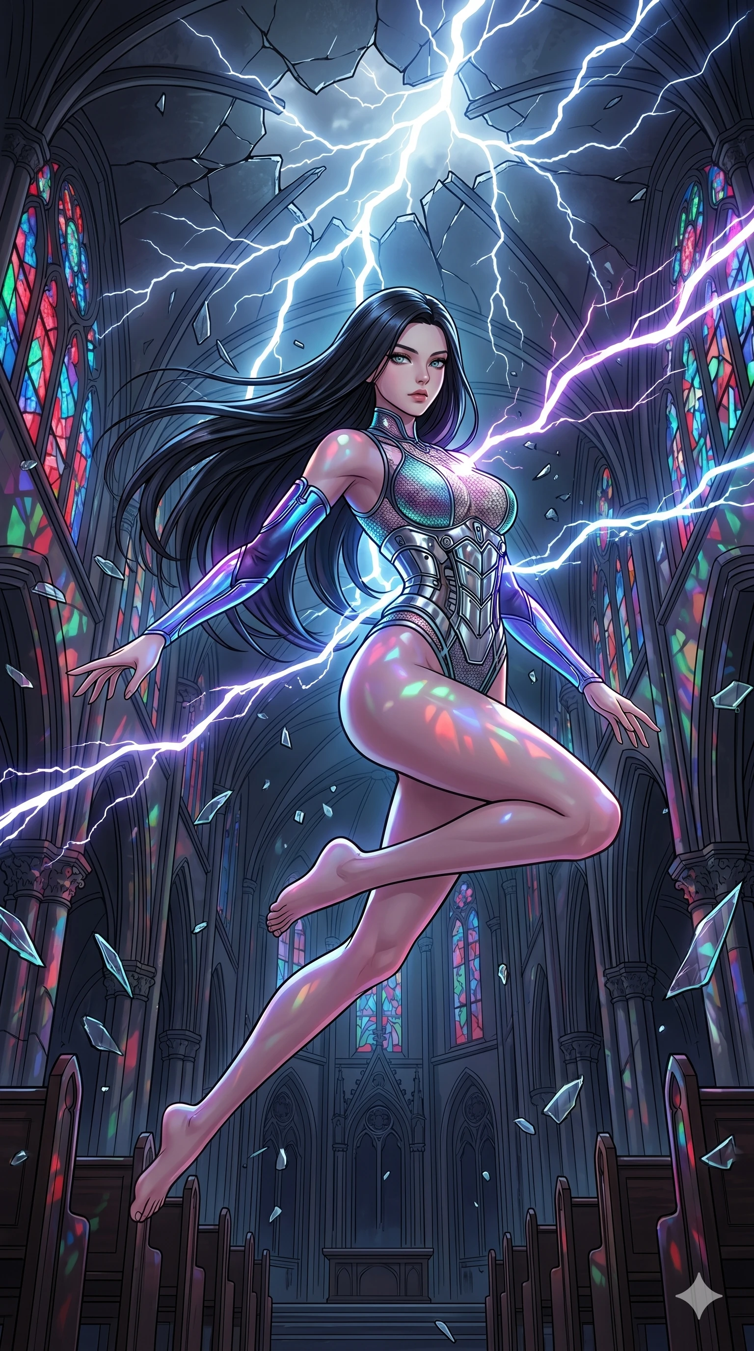 score_9, masterpiece, best quality, ultra-detailed, high-budget anime movie keyframe, cinematic anime lighting, intricate line art, Korean woman. Low angle cowboy shot filling the entire 9:16 frame with her statuesque presence. leaping gracefully in a shattered stained glass cathedral with lightning lasers. She has an absolutely perfect 8-heads proportion, an exceptionally tall and slender female figure with an ultra-slim waist and impossibly long slender legs. sharp v-shaped jawline, high-bridge nose, intricate jewel-like eyes, thick eyelashes, glossy lips. Wearing asymmetrical high-cut tech-bodysuit with detached glowing sleeves, chrome-plated mechanical corset, and bioluminescent mesh panels clinging to her slender figure. The scene is illuminated by dramatic atmospheric lighting and vibrant color palettes. , 2k, ultra detail, master piece, 9:16 ratio