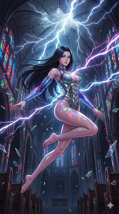 score_9, masterpiece, best quality, ultra-detailed, high-budget anime movie keyframe, cinematic anime lighting, intricate line art, Korean woman. Low angle cowboy shot filling the entire 9:16 frame with her statuesque presence. leaping gracefully in 
