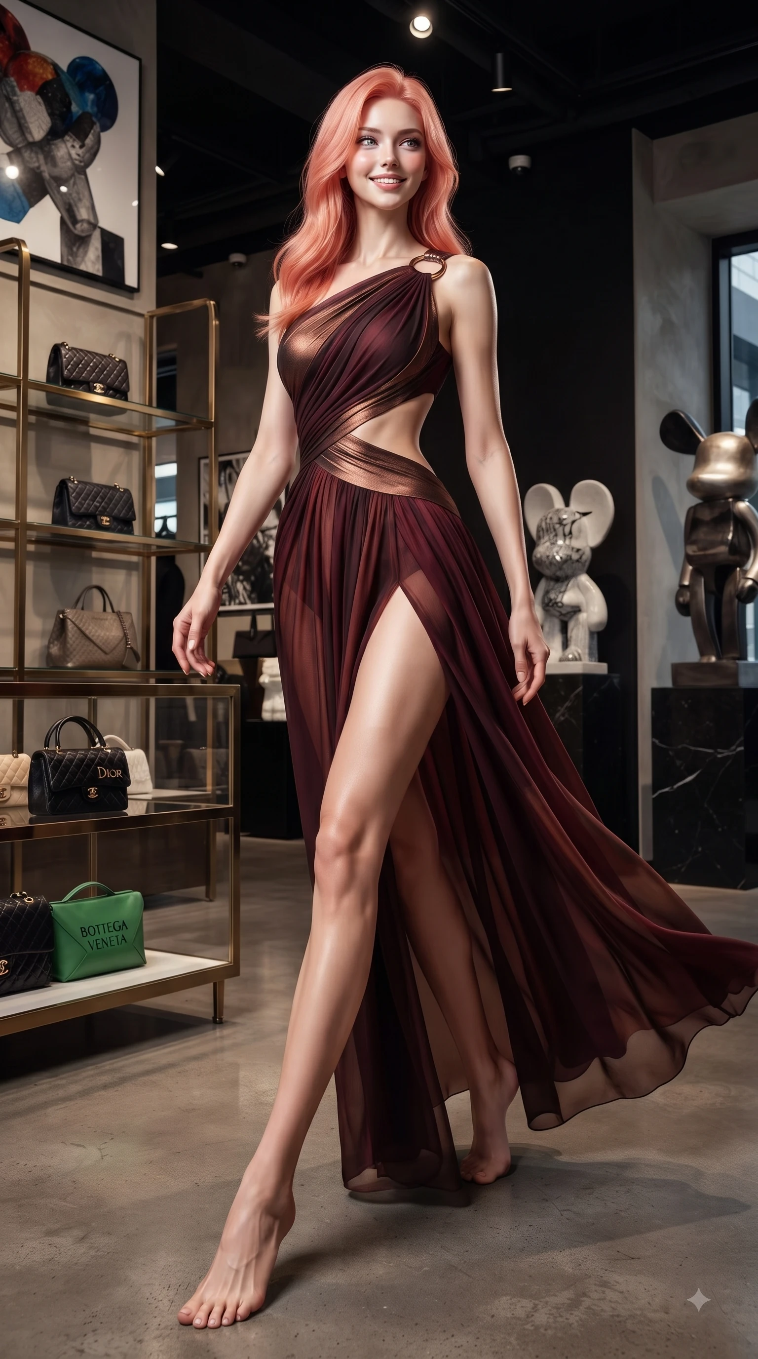 score_9, masterpiece, best quality, ultra-detailed, high-budget anime keyframe, editorial fashion photography, tasteful artistic composition, Japanese woman. low angle full-body shot from head to toe showing her feet, filling the entire 9:16 vertical frame with her statuesque presence, stretching her vertical silhouette. forging dynamically through the scene with a fresh infectious smile, her ultra-slim waist creating a sweeping curve while stepping gracefully through a luxury fashion boutique in Gangnam with a chic, magnetic posture, designer handbag displays and modern art sculptures framing the opulent interior. She has an absolutely perfect, statuesque 8.5-heads proportion, an exceptionally tall and slender model-like female figure with impossibly long slender legs and an ultra-slim waist. sharp v-shaped jawline, high-bridge nose, intricate jewel-like eyes with depth, thick eyelashes, glossy lips with a natural sheen, flawlessly proportioned anatomical accuracy, natural body alignment, perfectly sculpted elegant limbs, clean dynamic posture without body distortion. wearing an asymmetrical Grecian draped chiffon gown with a metallic shoulder ring in deep burgundy and bronze, woven from fine semi-opaque sheer organza, featuring clean architectural cutouts along her slender torso, the form-contouring material highlighting her ultra-slim waist and long lines. surrounded by a sophisticated, high-fashion nightlife aura. ultra-reflective glossy finish, specular highlights, metallic sheen, high-contrast stereoscopic depth, volumetric dynamic lighting, 2k, ultra detail, master piece, 9:16 ratio