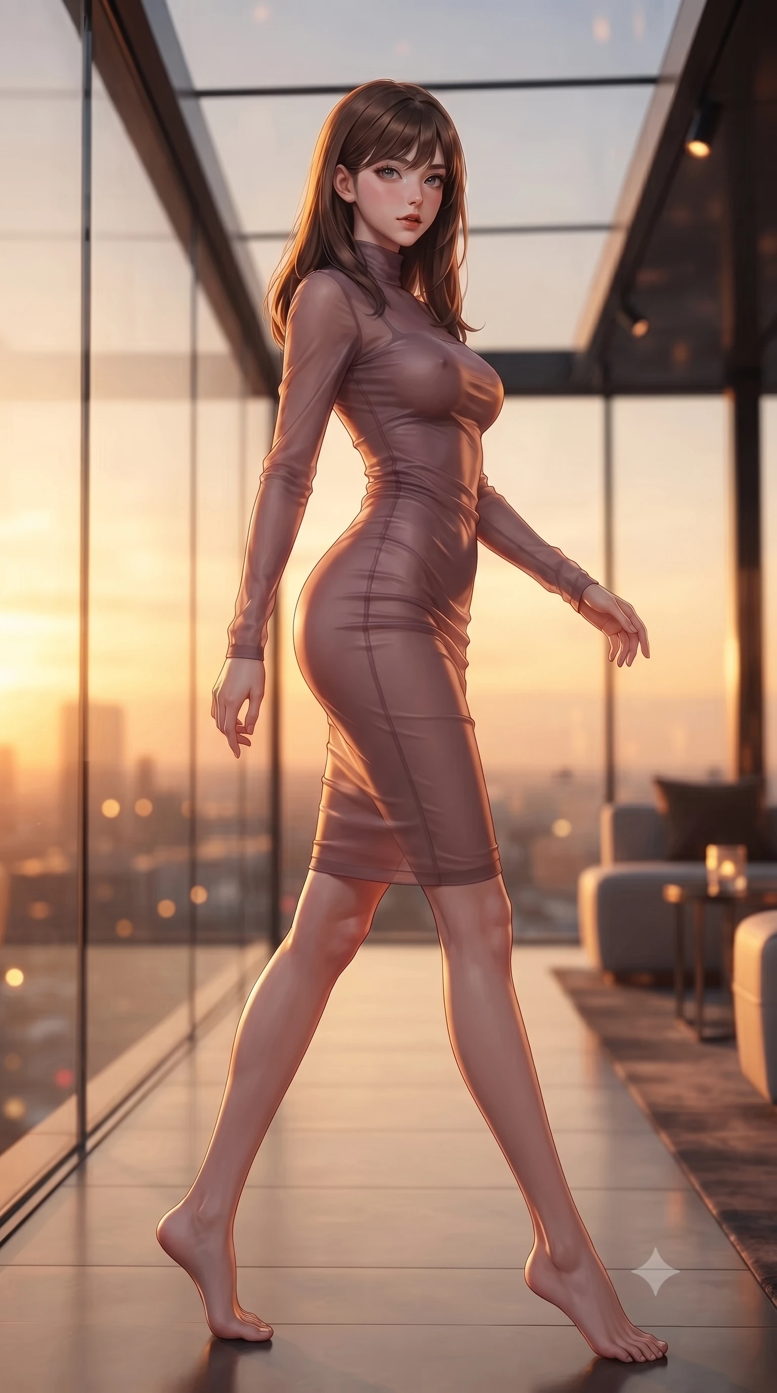 score_9, masterpiece, best quality, ultra-detailed, high-budget anime keyframe, editorial fashion photography, tasteful artistic composition, Korean woman. low angle full-body shot from head to toe showing her feet, filling the entire 9:16 vertical frame with her statuesque presence, stretching her vertical silhouette. stepping gracefully while looking back over her shoulder, her dress draped tightly to reveal her silhouette the background shows a soft-focus a glass-enclosed sky lounge atop a luxury hotel during sunset. She has an absolutely perfect, statuesque 8.5-heads proportion, an exceptionally tall and slender model-like female figure with impossibly long slender legs and an ultra-slim waist. sharp v-shaped jawline, high-bridge nose, intricate jewel-like eyes with depth, thick eyelashes, glossy lips with a natural sheen. wearing a body-hugging sheer organza dress in dusty mauve, showing her slender torso and willowy silhouette. intense golden hour key light painting her skin and outfit in warm amber tones. highly saturated vibrant anime colors, detailed shading with soft gradients, rich glossy textures, high-contrast stereoscopic depth, volumetric dynamic lighting, master piece, 9:16 ratio
