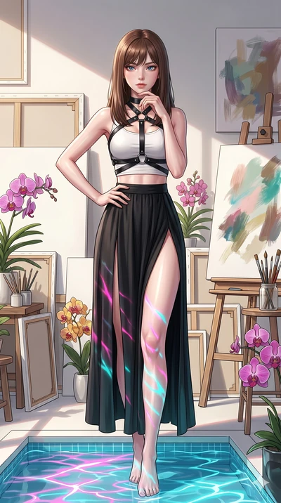 score_9, masterpiece, best quality, ultra-detailed, high-budget anime keyframe, editorial fashion photography, tasteful artistic composition, Korean woman. cowboy shot from the thighs up, character and outfit filling the frame for maximum editorial p