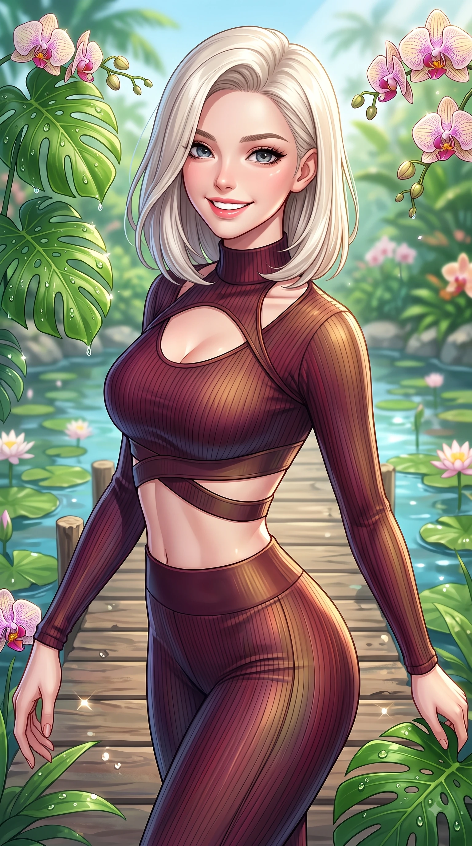 score_9, masterpiece, best quality, ultra-detailed, high-budget anime keyframe, editorial fashion photography, tasteful artistic composition, Caucasian woman. close-up cowboy shot from the waist and thighs up, the character dominates the composition, filling the frame with her large presence, background elements kept in soft focus. Youthful bright smile exuding pure cute charm and fresh energy, her torso turning dynamically into the lens while pivoting dynamically on a wooden bridge over a lotus pond with a radiant beaming smile, dewdrops on lush green Monstera leaves and orchids scattering bright specular highlights. She has an exceptionally elegant, slender, and willowy female figure with an ultra-slim waist, a gracefully sculpted slender torso, and a refined silhouette. sharp v-shaped jawline, high-bridge nose, intricate jewel-like eyes with depth, thick eyelashes, glossy lips with a natural sheen, flawlessly proportioned anatomical accuracy, natural body alignment, perfectly sculpted elegant limbs, clean dynamic posture without body distortion. wearing a form-fitting ribbed activewear set with elegant collar cutouts in deep burgundy and bronze, crafted from iridescent chiffon that shifts colors in the light, featuring subtle geometric cutouts that highlight her ultra-slim midriff, the tailored fabric tightly following every curve of her athletic build. surrounded by a bright, airy, and refreshing tropical garden atmosphere. highly saturated vibrant anime colors, detailed shading with soft gradients, rich glossy textures, high-contrast stereoscopic depth, volumetric dynamic lighting, master piece, 9:16 ratio