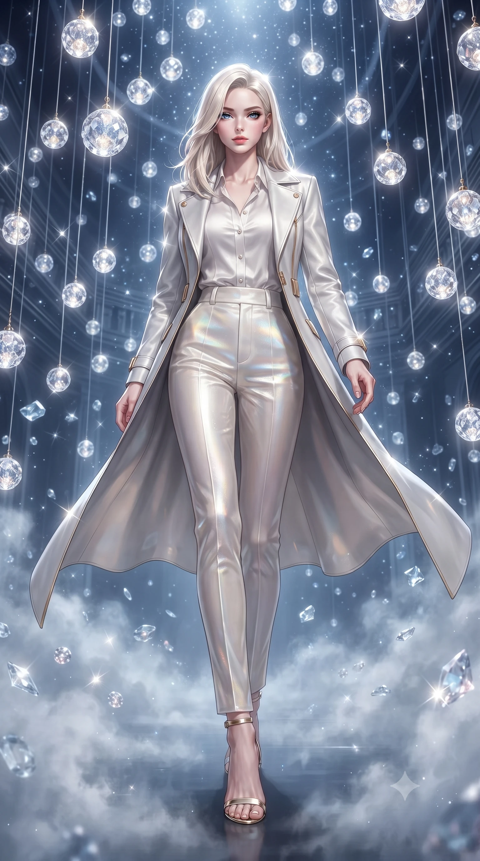 score_9, masterpiece, best quality, ultra-detailed, high-budget anime keyframe, editorial fashion photography, tasteful artistic composition, Caucasian woman. low angle full-body shot from head to toe showing her feet, filling the entire 9:16 vertical frame with her statuesque presence, stretching her vertical silhouette. forging confidently through the floating crystal mist, holding a poised statuesque stance, navigating a starlight archives hall filled with suspended glowing crystal globes, intellectual composed expression with direct magnetic gaze. She has an absolutely perfect, statuesque 8.5-heads proportion, an exceptionally tall and slender model-like female figure with impossibly long slender legs and an ultra-slim waist. sharp v-shaped jawline, high-bridge nose, intricate jewel-like eyes with depth, thick eyelashes, glossy lips with a natural sheen. wearing structured platinum leather long coat over white silk blouse and tailored slacks in glowing ivory, made of iridescent hologram organza, finished with metallic gold boning and sleek zipper points, following her slender form with tailored precision. surrounded by a glowing starlight aura with sharp specular highlights. ultra-reflective glossy finish, specular highlights, metallic sheen, high-contrast stereoscopic depth, volumetric dynamic lighting, 2k, ultra detail, master piece, 9:16 ratio