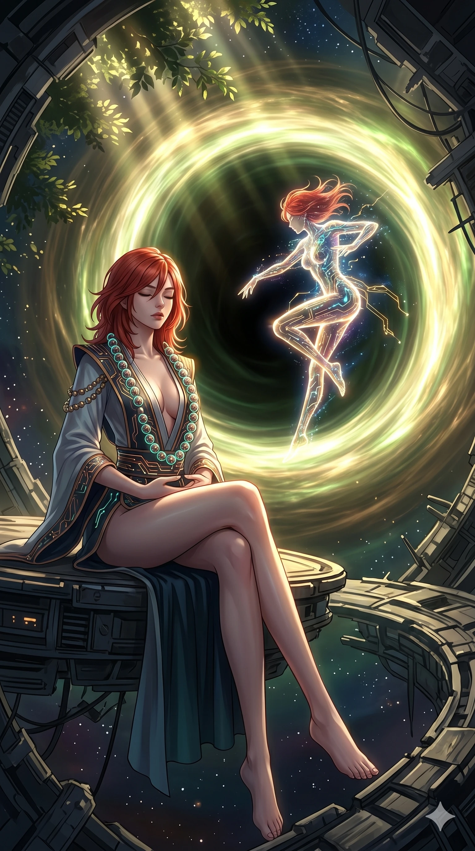 score_9, masterpiece, best quality, ultra-detailed, Set A: High-budget Anime Keyframe, Japanese woman. Low angle cowboy shot filling the entire 9:16 frame with her statuesque presence. Theme: Urban Decay. meditating in the edge of a black hole, as her reflection in the air starts to dance independently 275. The atmosphere is filled with cinematic sunlight through leaves. She has an absolutely perfect 8-heads proportion, an exceptionally tall and slender female figure with impossibly long slender legs and an ultra-slim waist. Sharp v-shaped jawline, high-bridge nose, intricate jewel-like eyes with depth, glossy lips. Wearing Cyber-monk robes with glowing circuit-patterned prayer beads and a deep V-cut. Cinematic lighting, vivid colors, dramatic shadows, 2k, ultra detail, master piece, 9:16 ratio