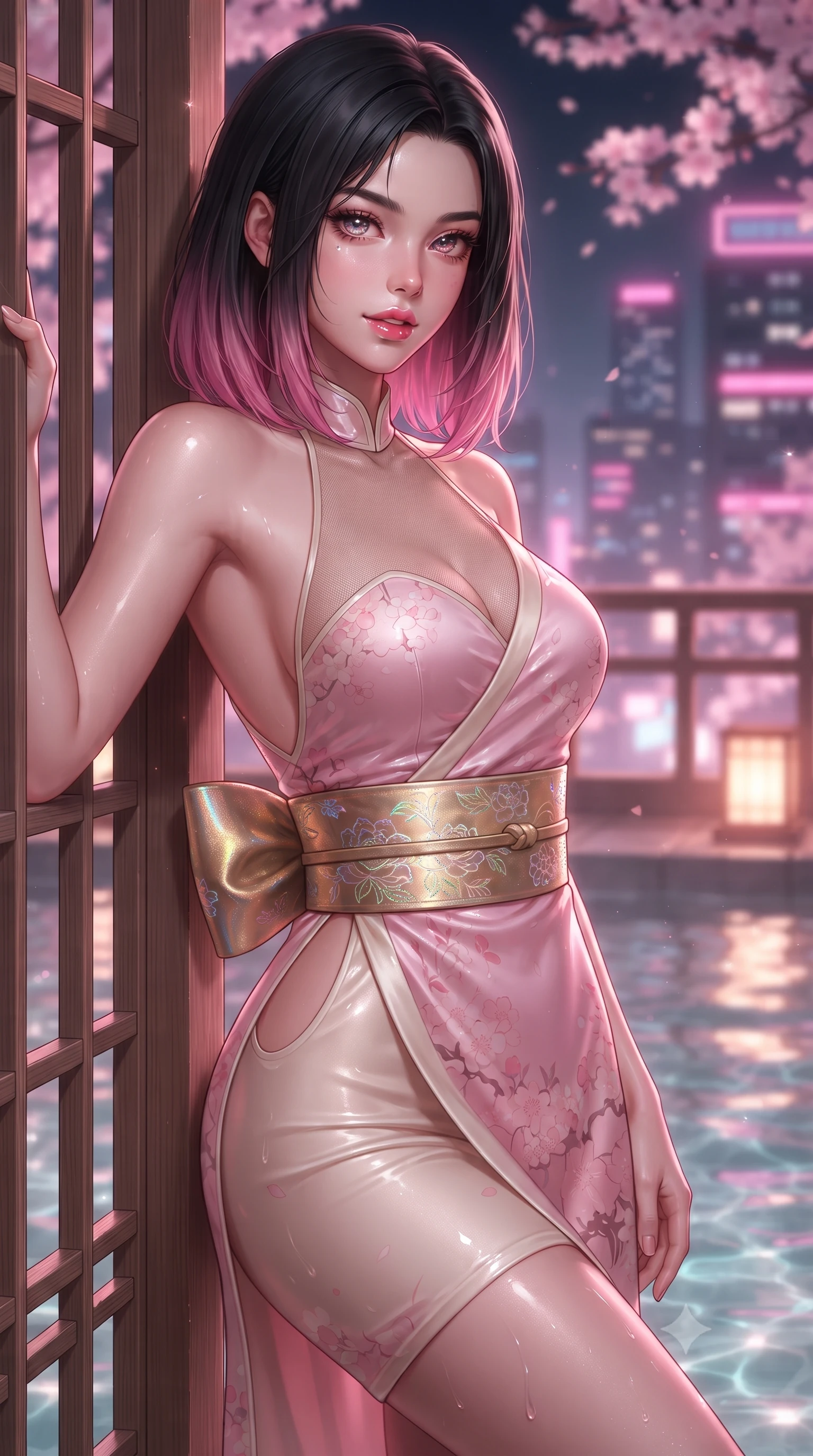 score_9, masterpiece, best quality, ultra-detailed, high-budget anime keyframe, editorial fashion photography, tasteful artistic composition, Korean woman. close-up cowboy shot from the waist and thighs up, the character dominates the composition, filling the frame with her large presence. turning over a bare shoulder with an intoxicating, teasing smile, her soft hair framing her sharp jawline as her hips angle gracefully while leaning back against a cedar bath partition overlooking glowing Tokyo skyscrapers, parted glossy lips reflecting pink neon lights. The surrounding environment is rendered in vivid detail and crisp panoramic clarity. detailed mineral pool ripple caustics, cedar lattice work, and city skyscraper windows in high clarity. She has an exceptionally elegant, slender, and willowy female figure with an ultra-slim waist, a gracefully sculpted slender torso, toned flat midriff, and rounded feminine hips creating an alluring hourglass silhouette. sharp v-shaped jawline, high-bridge nose, intricate jewel-like eyes with depth, thick eyelashes, glossy parted lips with a natural sheen, intensely captivating and seductive bedroom-eyes expression, flawlessly proportioned anatomical accuracy, strict slender model proportions, natural body alignment, perfectly sculpted long slender limbs, ultra-slim waistline, clean dynamic posture without body distortion. wearing a wet-look silk fusion wrap dress with asymmetrical sheer mesh cutouts and high Mandarin collar in sakura blossom pink and warm ivory, made of liquid bamboo jersey adhering seamlessly to her slender frame, complemented by a wide metallic gold obi sash with holographic floral embroidery, the precision-cut side openings and low-back scoop framing her graceful spine and the sensual sweep of her hips. bathed in soft pink cherry blossom ambient glow and warm underwater mineral pool lights. ultra-reflective glossy finish, specular highlights, rich textural contrasts, high-contrast stereoscopic depth, volumetric dynamic lighting, 2k, ultra detail, master piece, 9:16 ratio