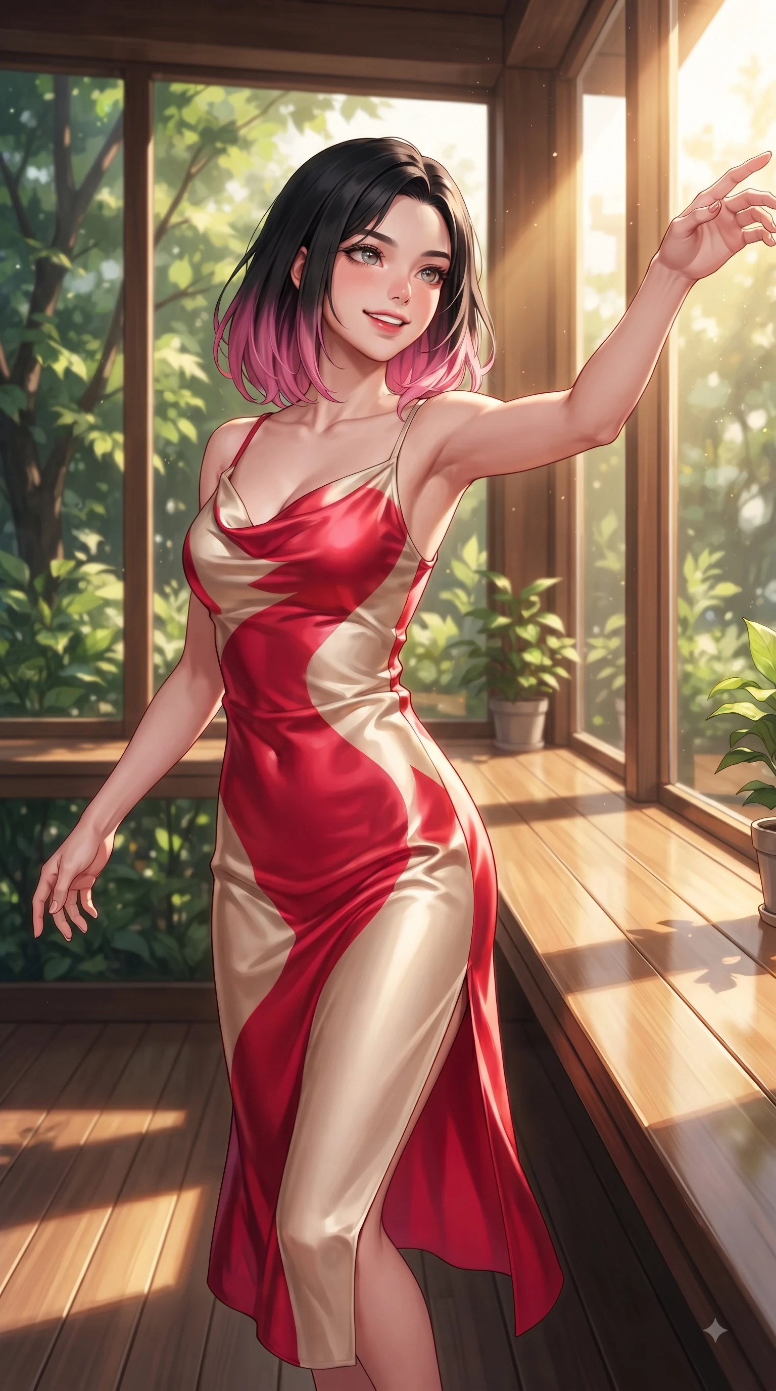 score_9, masterpiece, best quality, ultra-detailed, high-budget anime keyframe, editorial fashion photography, tasteful artistic composition, Korean woman. close-up cowboy shot from the waist and thighs up, the character dominates the composition, filling the frame with her large presence. Extending one arm in an elegant stretch toward the light while smiling with vibrant, youthful self-assurance while pivoting gracefully on a secluded wooden cafe terrace enveloped by green garden foliage. The surrounding environment is rendered in vivid detail and crisp panoramic clarity. bright sunbeams streaming across polished wooden surfaces rendered with environmental clarity. She has an exceptionally elegant, slender, and willowy female figure with an ultra-slim waist, a gracefully sculpted slender torso, and a refined silhouette. sharp v-shaped jawline, high-bridge nose, intricate jewel-like eyes with depth, thick eyelashes, glossy lips with a natural sheen, flawlessly proportioned anatomical accuracy, natural body alignment, perfectly sculpted elegant limbs, clean dynamic posture without body distortion. wearing an elegant cowl-neck silk satin midi dress with a graceful draped neckline in vivid crimson red and champagne cream, tailored from fine wool crepe with clean lines, featuring a sleek side leg slit ascending to mid-thigh, the form-contouring material highlighting her ultra-slim waist and long lines. bathed in warm golden sunlight streaming through clean glass cafe windows. ultra-reflective glossy finish, specular highlights, metallic sheen, high-contrast stereoscopic depth, volumetric dynamic lighting, 2k, ultra detail, master piece, 9:16 ratio