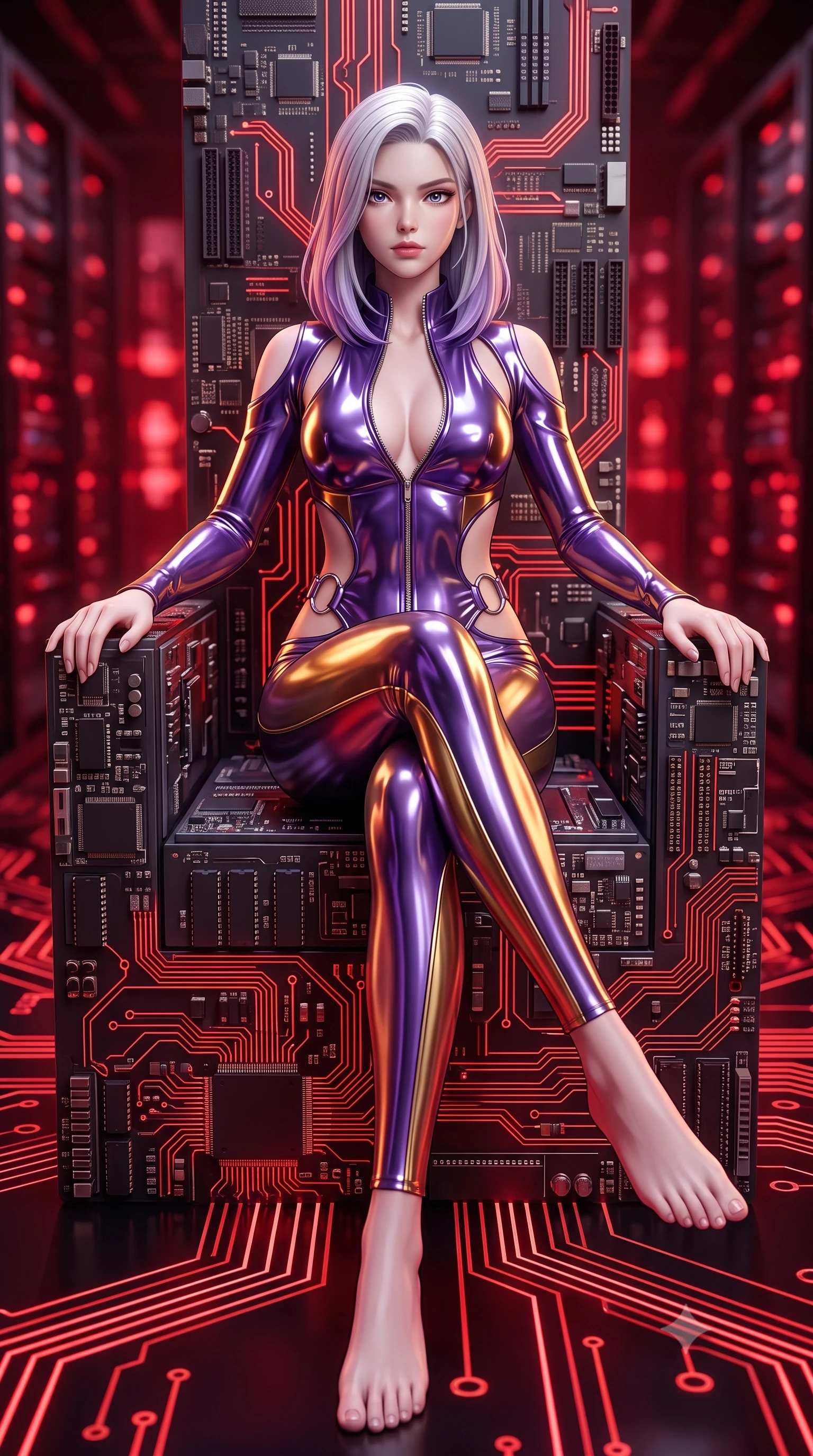 score_9, masterpiece, best quality, ultra-detailed, high-budget anime keyframe, semi-realistic 3D game render, editorial fashion photography, tasteful artistic composition, Caucasian woman. low angle full-body shot from head to toe showing her feet, filling the entire 9:16 vertical frame with her statuesque presence, stretching her vertical silhouette. pivoting dynamically in mid-motion with a breathtakingly alluring posture, displaying her flawless model proportions and ultra-slim waist while seated dynamically on a commanding throne of calcified logic boards and glowing red circuits. The composition keeps background elements in soft focus with creamy bokeh. pulsating crimson circuit tracks and server arrays blurred into intense, glowing red bokeh. She has an absolutely perfect, statuesque 8.5-heads proportion, an exceptionally tall and slender model-like female figure with impossibly long slender legs and an ultra-slim waist. sharp v-shaped jawline, high-bridge nose, intricate jewel-like eyes with depth, thick eyelashes, glossy lips with a natural sheen, flawlessly proportioned anatomical accuracy, natural body alignment, perfectly sculpted elegant limbs, clean dynamic posture without body distortion. wearing a form-fitting top made of molten liquid-mercury fabric that clings to her curves, with strategic tear-drop shoulder cutouts and a dangerously unzipped front collar in lustrous molten gold and pure deep violet, formed from high-gloss patent material with specular light reflections, detailed with polished silver rings connecting the daring side-waist cutouts, the form-contouring second-skin material highlighting her ultra-slim waist and long lines. surrounded by a powerful, commanding, and fiercely sensual cybernetic aura. highly saturated vibrant anime colors, detailed shading with soft gradients, rich glossy textures, high-contrast stereoscopic depth, volumetric dynamic lighting, master piece, 9:16 ratio
