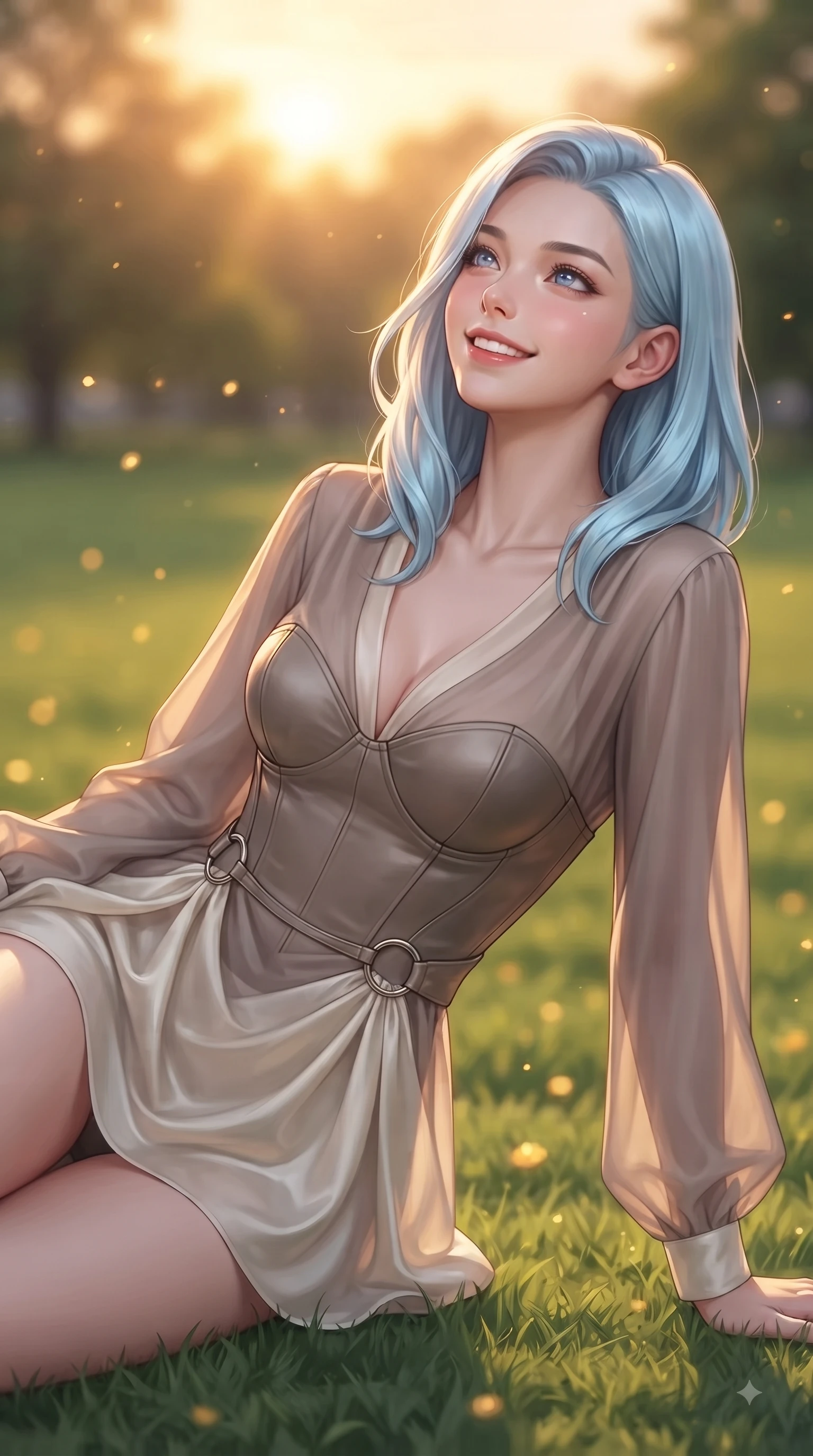 score_9, masterpiece, best quality, ultra-detailed, high-budget anime keyframe, editorial fashion photography, tasteful artistic composition, Korean woman. close-up cowboy shot from the waist and thighs up, the character dominates the composition, filling the frame with her large presence, background elements kept in soft focus. Tilting her chin up with a sweet beaming smile of pure delight while balancing dynamically amidst the scene while resting on her elbow on the grass while looking up with sparkling, happy eyes at the sunset, green park lawns scattered with golden evening light motes and gentle breezes. She has an exceptionally elegant, slender, and willowy female figure with an ultra-slim waist, a gracefully sculpted slender torso, and a refined silhouette. sharp v-shaped jawline, high-bridge nose, intricate jewel-like eyes with depth, thick eyelashes, glossy lips with a natural sheen, flawlessly proportioned anatomical accuracy, natural body alignment, perfectly sculpted elegant limbs, clean dynamic posture without body distortion. wearing a tailored leather bustier over a sheer silk chiffon blouse in muted taupe and soft ivory, crafted from lustrous satin jersey with fluid draping, accented with delicate chrome ring hardware framing her waist, the elegant draped fit framing her graceful clavicle and slender torso. illuminated by soft glowing sunset reflections with cheerful golden rim lights. ultra-reflective glossy finish, specular highlights, metallic sheen, high-contrast stereoscopic depth, volumetric dynamic lighting, 2k, ultra detail, master piece, 9:16 ratio