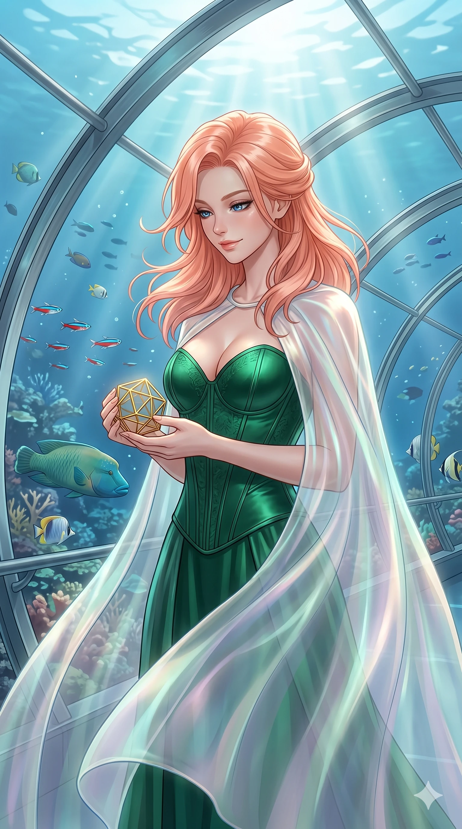score_9, masterpiece, best quality, ultra-detailed, high-budget anime keyframe, editorial fashion photography, tasteful artistic composition, Japanese woman. cowboy shot from the thighs up, character and outfit filling the frame for maximum editorial presence. holding a small golden polyhedron, looking down with a serene and powerful smile inside an underwater glass tunnel with fish (Code-P17-156). She has an absolutely perfect 8-heads proportion, an exceptionally tall and slender female figure with impossibly long slender legs and an ultra-slim waist. V-shaped jawline, high-bridge nose, intricate jewel-like eyes with depth, thick eyelashes, glossy lips with a natural sheen. wearing a structured satin corset showing her cleavage and a sheer cape. soft morning sunbeams filtering through the mist, creating a soft glowing aura. 2k, ultra detail, master piece, 9:16 ratio