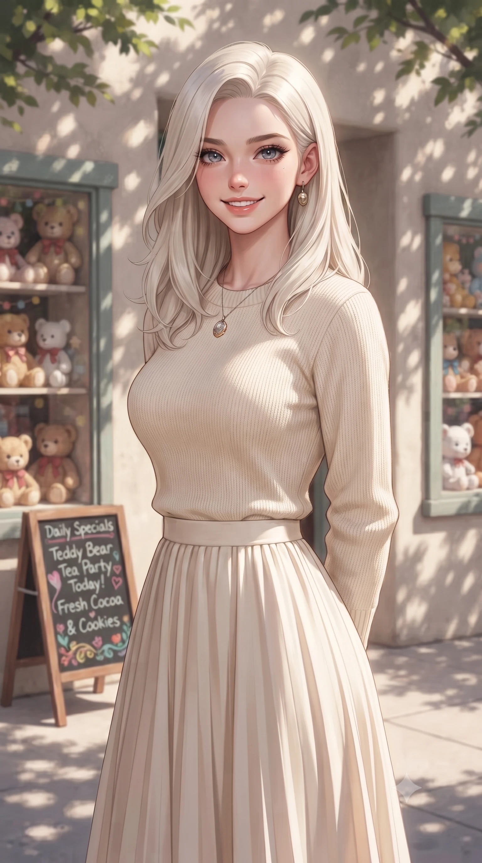 score_9, masterpiece, best quality, ultra-detailed, high-budget anime keyframe, editorial fashion photography, tasteful artistic composition, Caucasian woman. close-up cowboy shot from the waist and thighs up, the character dominates the composition, filling the frame with her large presence, background elements kept in soft focus. smiling with cute and bright self-assurance, looking directly at the viewer set against a soft-focus background of outside a retro toy boutique with cute window displays of stuffed animals with a small chalkboard sign showing daily specials written in cute lettering. She has an exceptionally elegant, slender, and willowy female figure with an ultra-slim waist, a gracefully sculpted slender torso, and a refined silhouette. sharp v-shaped jawline, high-bridge nose, intricate jewel-like eyes with depth, thick eyelashes, glossy lips with a natural sheen. wearing form-contouring cozy knit sweater in cream, paired with a flowy pleated midi skirt. dappled sunlight casting soft leaf shadows on the shop walls and her skin. ultra-reflective glossy finish, specular highlights, metallic sheen, high-contrast stereoscopic depth, volumetric dynamic lighting, 2k, ultra detail, master piece, 9:16 ratio