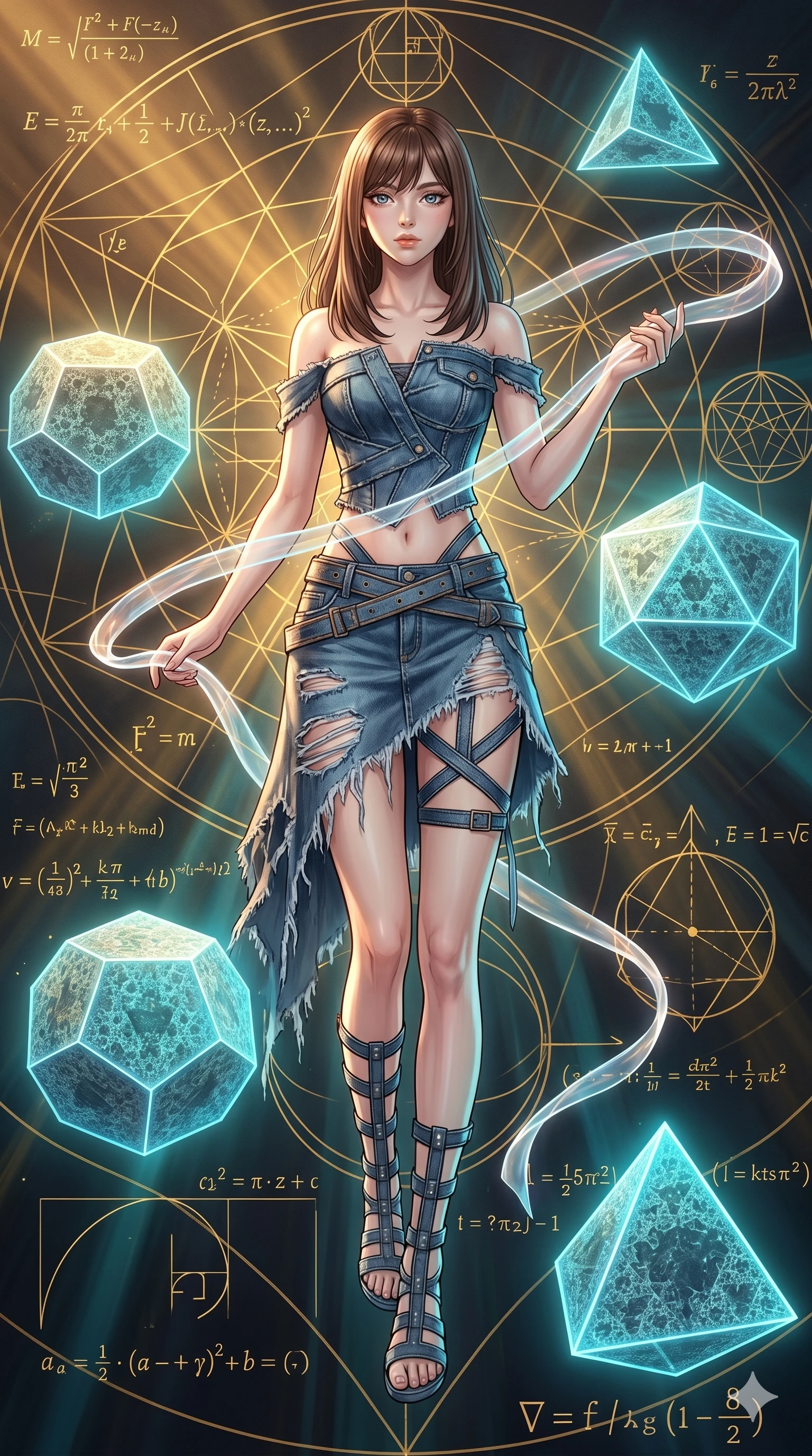 score_9, masterpiece, best quality, ultra-detailed, high-budget anime keyframe, Japanese woman. low angle full-body shot filling the entire 9:16 frame with her statuesque presence, stretching the vertical silhouette. floating gracefully in a mathematical mandala void filled with golden geometric lines of complex formulas, holding a translucent ribbon as she glides between floating regular polyhedrons. She has an absolutely perfect 8-heads proportion, an exceptionally tall and slender female figure with impossibly long slender legs and an ultra-slim waist. V-shaped jawline, high-bridge nose, intricate jewel-like eyes with depth, thick eyelashes, glossy lips with a natural sheen.. wearing a deconstructed denim corset and an asymmetric ripped denim micro-skirt, showcasing a rugged yet chic off-shoulder style. showcasing a beautiful play of light and shadow, with warm golden rays clashing against cool cyan highlights. 2k, ultra detail, master piece, 9:16 ratio