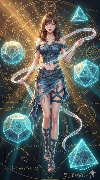 score_9, masterpiece, best quality, ultra-detailed, high-budget anime keyframe, Japanese woman. low angle full-body shot filling the entire 9:16 frame with her statuesque presence, stretching the vertical silhouette. floating gracefully in a mathemat