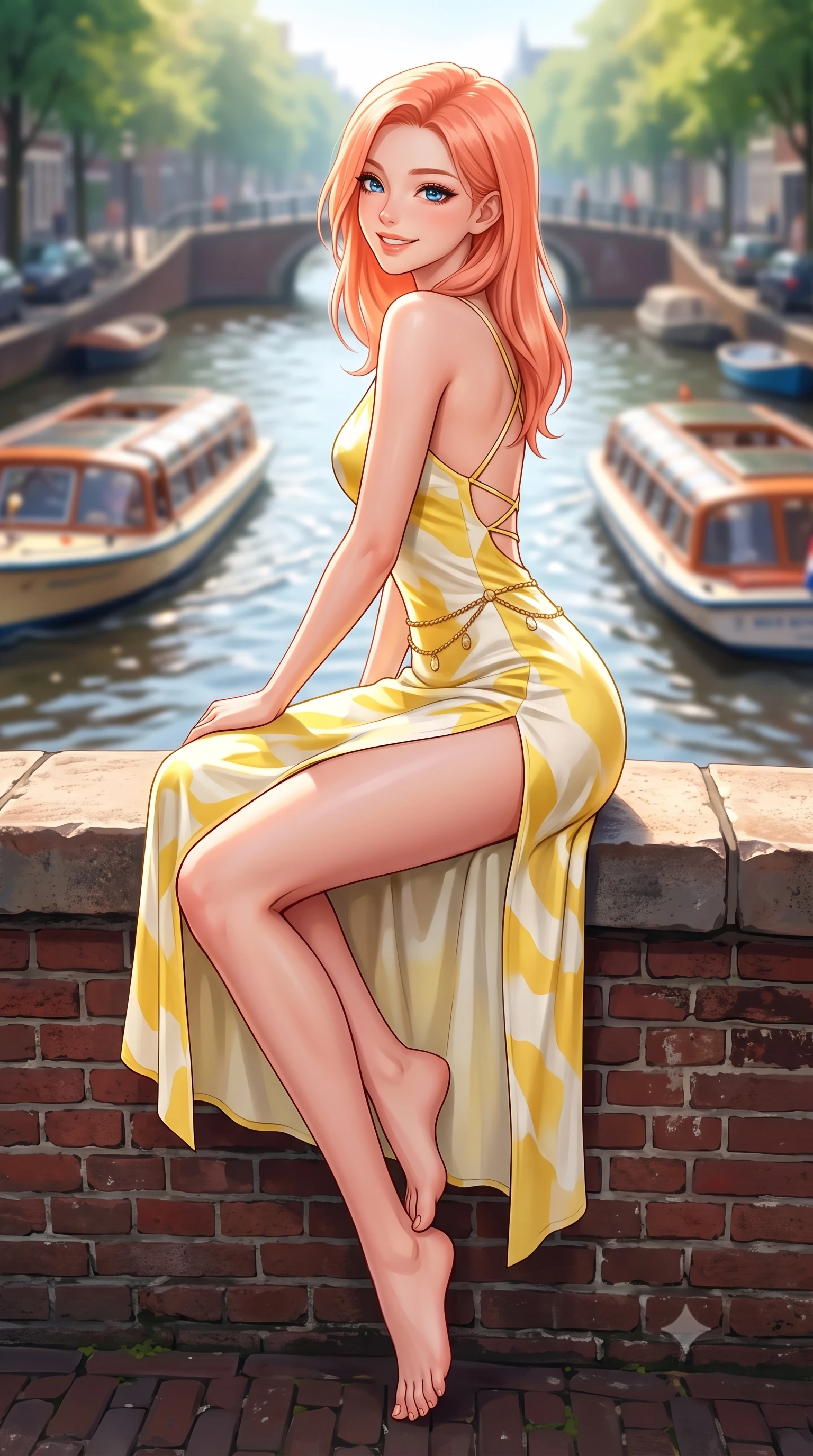 score_9, masterpiece, best quality, ultra-detailed, high-budget anime keyframe, semi-realistic 3D game render, editorial fashion photography, tasteful artistic composition, Japanese woman. low angle full-body shot from head to toe showing her feet, filling the entire 9:16 vertical frame with her statuesque presence, stretching her vertical silhouette. sitting perched on the elevated edge with legs crossed and hips angled toward the camera, displaying her toned midriff and long slender limbs with a joyful, coquettish smile while sitting on the warm brick bridge ledge with legs crossed, looking over her shoulder with an alluring, playful girlhood charm. The composition keeps background elements in soft focus with dreamy creamy bokeh. rippling canal waters and passing tour boats softened in charming Dutch shallow focus. She has an exceptionally tall and slender model-like 8.5-heads proportion, an ultra-slim waist, a flat toned midriff, narrow delicate ribcage, and beautifully sculpted feminine hips creating a graceful, slim hourglass silhouette without any bulky heaviness, with impossibly long slender legs. sharp v-shaped jawline, high-bridge nose, intricate jewel-like sparkling eyes with depth, thick eyelashes, glossy parted lips with a natural peach sheen, bright cheerful beaming smile with an enchanting and coquettish sensual glint, exuding both youthful cute charm and seductive allure, flawlessly proportioned anatomical accuracy, strict slender model proportions, natural body alignment, perfectly sculpted long slender limbs, ultra-slim waistline, clean dynamic posture without body distortion. wearing a breezy silk-satin slip dress featuring a thigh-high side slit ascending to the high hip and criss-cross back straps in bright butter yellow and fresh cream white, made of smooth fluid silk satin with a delicate pearlescent sheen, accented with a delicate gold chain belt resting loosely on her curvy hips, the form-contouring cut accentuating her sculpted flat midriff, narrow delicate ribcage, and gracefully curvy hips with supermodel precision. bathed in crisp, sparkling morning sunlight reflecting off calm canal waters. highly saturated vibrant anime colors, detailed shading with soft gradients, rich glossy textures, high-contrast stereoscopic depth, volumetric dynamic lighting, master piece, 9:16 ratio