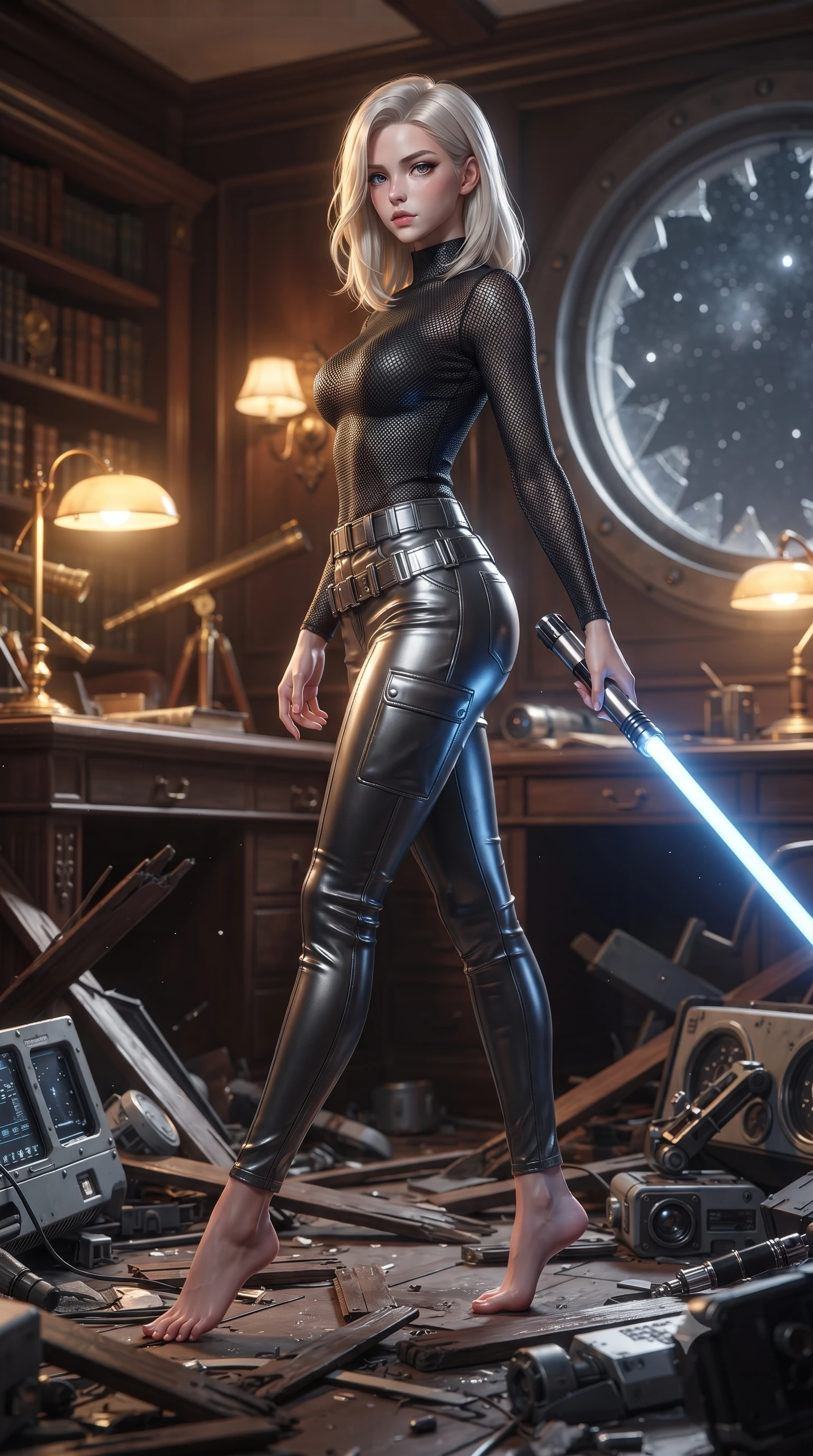 score_9, masterpiece, best quality, ultra-detailed, high-budget anime keyframe, editorial fashion photography, tasteful artistic composition, Caucasian woman. low angle full-body shot from head to toe showing her feet, filling the entire 9:16 vertical frame with her statuesque presence, stretching her vertical silhouette. stepping gracefully through battlefield debris with a glowing saber hilt in hand, looking back over her shoulder, the background shows a soft-focus a private captain's library room aboard a research ship with brass telescopes. She has an absolutely perfect, statuesque 8.5-heads proportion, an exceptionally tall and slender model-like female figure with impossibly long slender legs and an ultra-slim waist. sharp v-shaped jawline, high-bridge nose, intricate jewel-like eyes with depth, thick eyelashes, glossy lips with a natural sheen. wearing a body-hugging high-neck carbon-mesh tactical shirt tucked into structured combat trousers with metallic utility belts. warm golden glow of reading lamps contrasting with cool silver starlight outside. ultra-reflective glossy finish, specular highlights, metallic sheen, high-contrast stereoscopic depth, volumetric dynamic lighting, 2k, ultra detail, master piece, 9:16 ratio