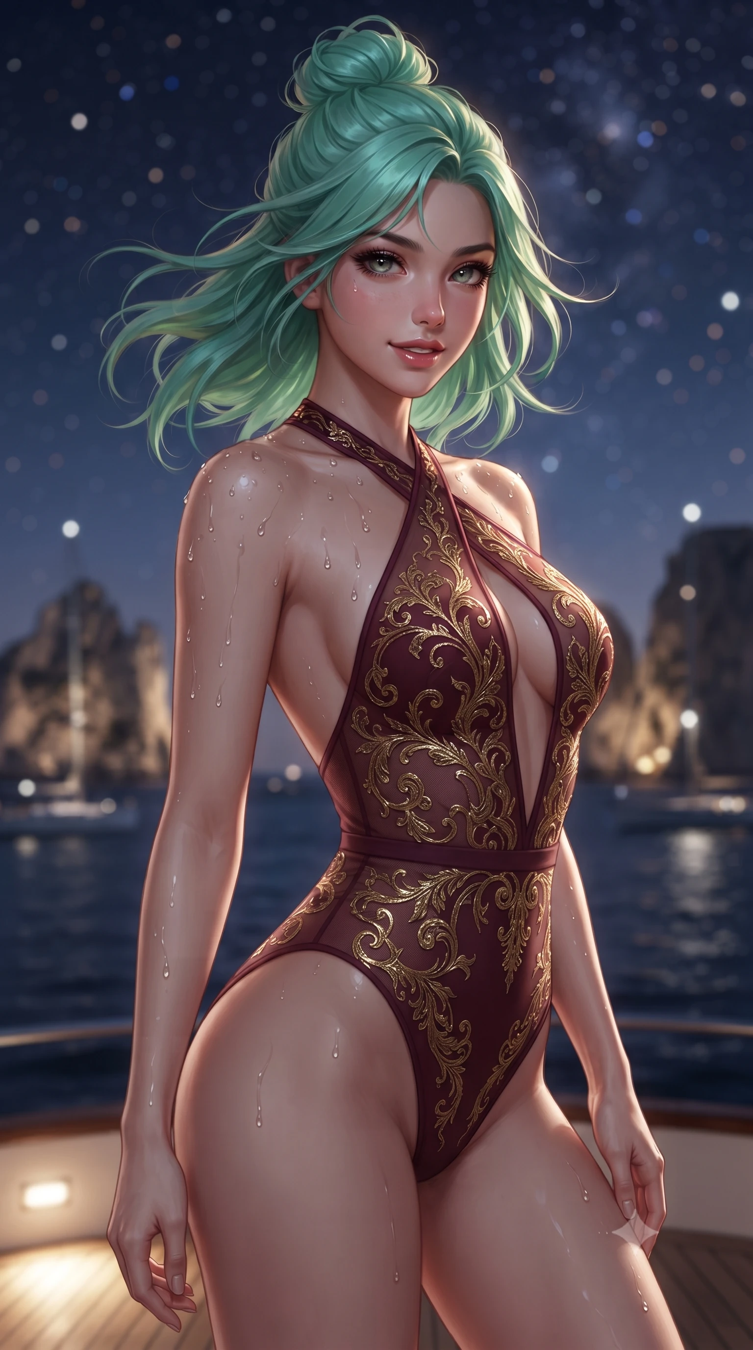 score_9, masterpiece, best quality, ultra-detailed, high-budget anime keyframe, editorial fashion photography, tasteful artistic composition, Japanese woman. close-up cowboy shot from the waist and thighs up, the character dominates the composition, filling the frame with her large presence. turning slowly with an enchanting smoldering smile, her glossy hair tossing in the breeze as her hips angle gracefully in a captivating contrapposto while twisting her slender torso in an alluring contrapposto stance, warm Mediterranean breezes molding her silk attire to her curvy hips and flat midriff. The background shows a soft-focus illuminated limestone cliffs of Capri across dark open waters, cruising yacht masthead lights, and starry night sky blurred into champagne, sapphire, and starlight bokeh. She has an exceptionally elegant, slender, and willowy female figure with an ultra-slim waist, flat toned midriff, narrow ribcage, and sculpted feminine hips creating an alluring, slim hourglass silhouette without bulk. sharp v-shaped jawline, high-bridge nose, sparkling eyes with hypnotic seductive depth, thick curled eyelashes, glossy parted lips with a natural dewy peach sheen, alluring bedroom-eyes with an enchanting coquettish smile, exuding magnetic siren charisma and sophisticated glamour, flawlessly proportioned anatomical accuracy, strict slender model proportions, natural body alignment, perfectly sculpted long slender limbs, ultra-slim waistline, clean dynamic posture without body distortion. wearing a criss-cross halterneck keyhole bodysuit with open back and sculpted waist darts in Belle Époque bordeaux and gilded 24k gold, made of semi-opaque stretch illusion mesh with soft shadowy contours, finished with glistening drops of hot spring or lagoon water beading across her sculpted shoulders and collarbones, the form-contouring silhouette accentuating her sculpted flat midriff, narrow delicate ribcage, and gracefully curvy hips with intoxicating allure. bathed in subtle warm teak deck courtesy LEDs combined with pure silver full moonlight reflecting off open water. ultra-reflective glossy finish, specular highlights, rich textural contrasts, high-contrast stereoscopic depth, volumetric dynamic lighting, 2k, ultra detail, master piece, 9:16 ratio
