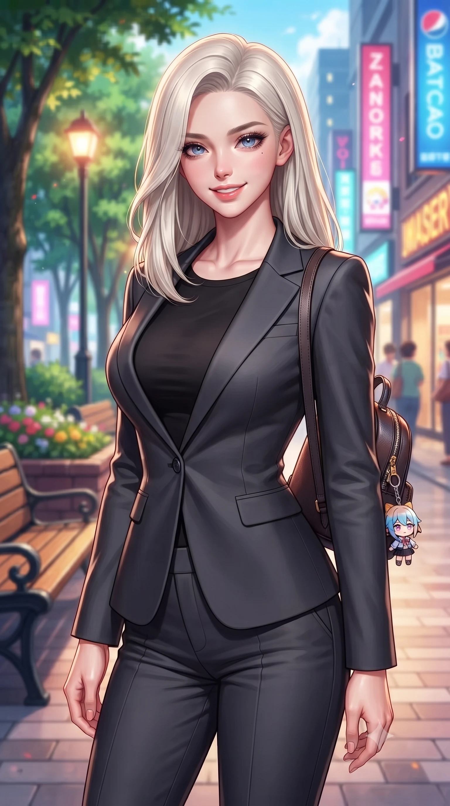 score_9, masterpiece, best quality, ultra-detailed, high-budget anime keyframe, editorial fashion photography, tasteful artistic composition, Caucasian woman. close-up cowboy shot from the waist and thighs up, the character dominates the composition, filling the frame with her large presence, background elements kept in soft focus. smiling with cute and bright self-assurance, looking directly at the viewer set against a soft-focus background of on a leafy shopping avenue with wooden benches and flower beds holding a cute key ring attached to her small backpack. She has an exceptionally elegant, slender, and willowy female figure with an ultra-slim waist, a gracefully sculpted slender torso, and a refined silhouette. sharp v-shaped jawline, high-bridge nose, intricate jewel-like eyes with depth, thick eyelashes, glossy lips with a natural sheen. wearing form-contouring tight-fitting tailored blazer in charcoal, closed over a body-hugging black top and slim trousers. vibrant streetlights and store signs casting dynamic highlights on her form. highly saturated vibrant anime colors, detailed shading with soft gradients, rich glossy textures, high-contrast stereoscopic depth, volumetric dynamic lighting, master piece, 9:16 ratio