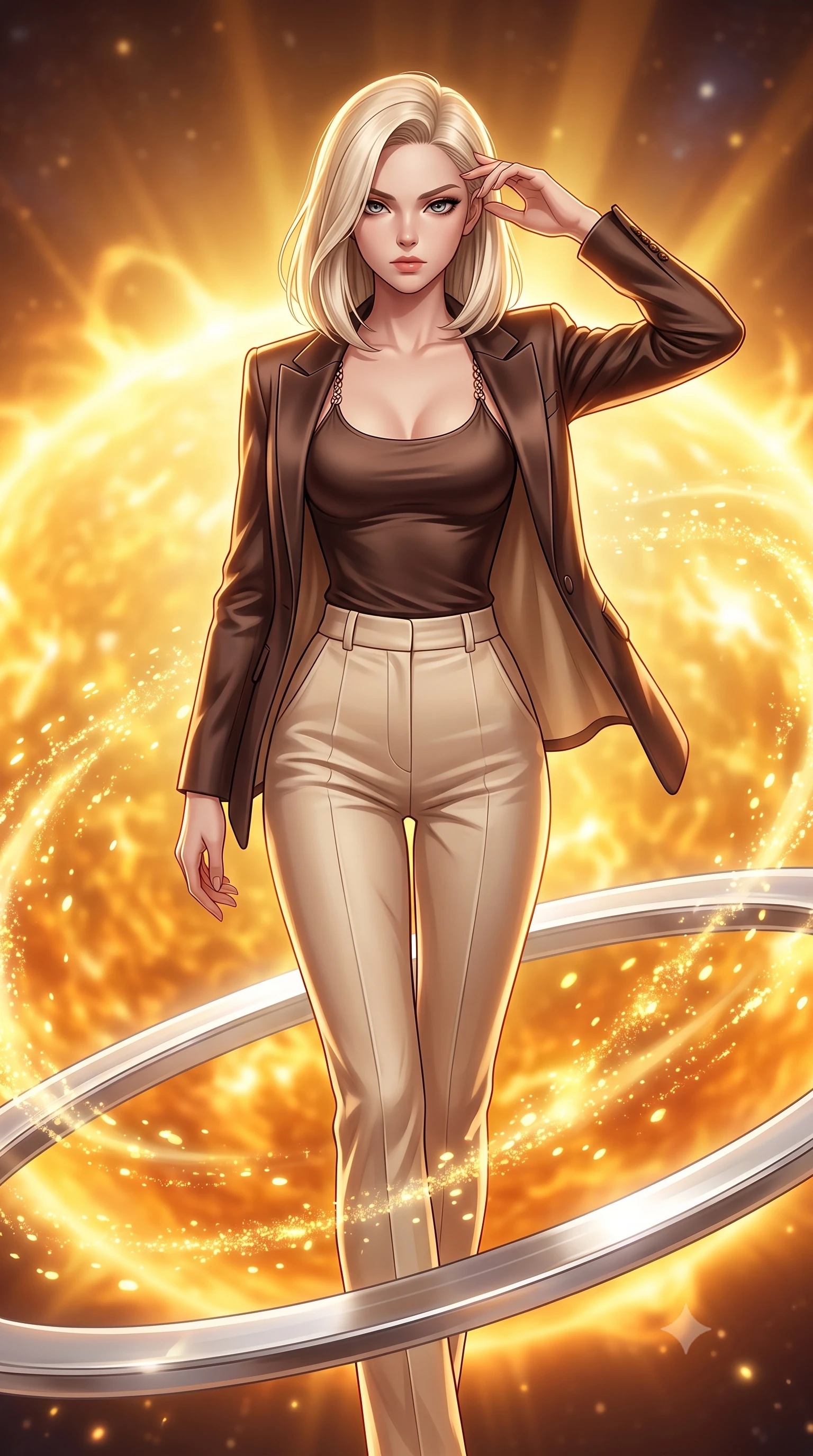 score_9, masterpiece, best quality, ultra-detailed, high-budget anime keyframe, editorial fashion photography, tasteful artistic composition, Caucasian woman. close-up cowboy shot from the waist and thighs up, the character dominates the composition, filling the frame with her large presence, background elements kept in soft focus. Resting her fingers gracefully near her temple, casting a sharp mysterious side-gaze during her stride while stepping forward with a proud statuesque stride along a platinum ring suspended over a sun core, glowing solar pollen particles drifting in rapid swirling currents nearby. She has an exceptionally elegant, slender, and willowy female figure with an ultra-slim waist, a gracefully sculpted slender torso, and a refined silhouette. sharp v-shaped jawline, high-bridge nose, intricate jewel-like eyes with depth, thick eyelashes, glossy lips with a natural sheen, flawlessly proportioned anatomical accuracy, natural body alignment, perfectly sculpted elegant limbs, clean dynamic posture without body distortion. wearing a tailored silk blazer over a form-contouring scoop-neck top and slacks in espresso brown and warm cream, crafted from smooth liquid silk, adorned with delicate metallic chain straps along the neckline, the tailored fabric tightly following every curve of her athletic build. bathed in glorious golden solar flares and intense warm sunburst backlighting. highly saturated vibrant anime colors, detailed shading with soft gradients, rich glossy textures, high-contrast stereoscopic depth, volumetric dynamic lighting, master piece, 9:16 ratio