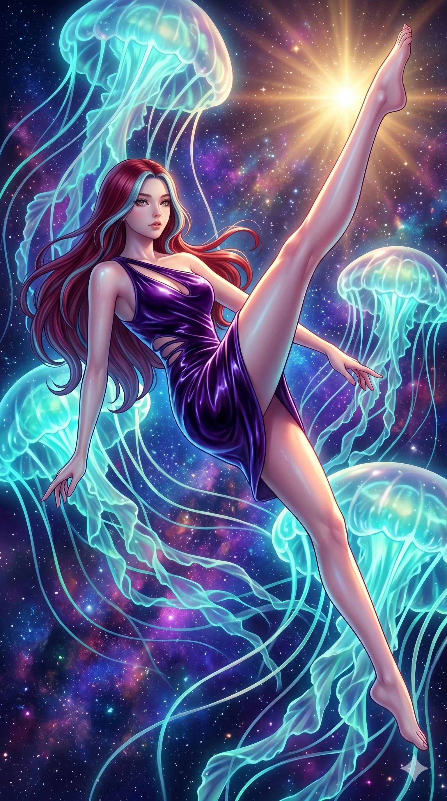 score_9, masterpiece, best quality, ultra-detailed, high-budget anime keyframe, Japanese woman. low angle full-body shot filling the entire 9:16 frame with her statuesque presence, stretching the vertical silhouette. swirling gracefully among the glowing ribbon-like tentacles of giant bioluminescent jellyfish floating in a starry sky garden. She has an absolutely perfect 8-heads proportion, an exceptionally tall and slender female figure with impossibly long slender legs and an ultra-slim waist. V-shaped jawline, high-bridge nose, intricate jewel-like eyes with depth, thick eyelashes, glossy lips with a natural sheen.. wearing an asymmetric liquid velvet slip dress, featuring a wet-look deep purple velvet one-shoulder mini slip with slanted slashed cutouts. showcasing a beautiful play of light and shadow, with warm golden rays clashing against cool cyan highlights. 2k, ultra detail, master piece, 9:16 ratio