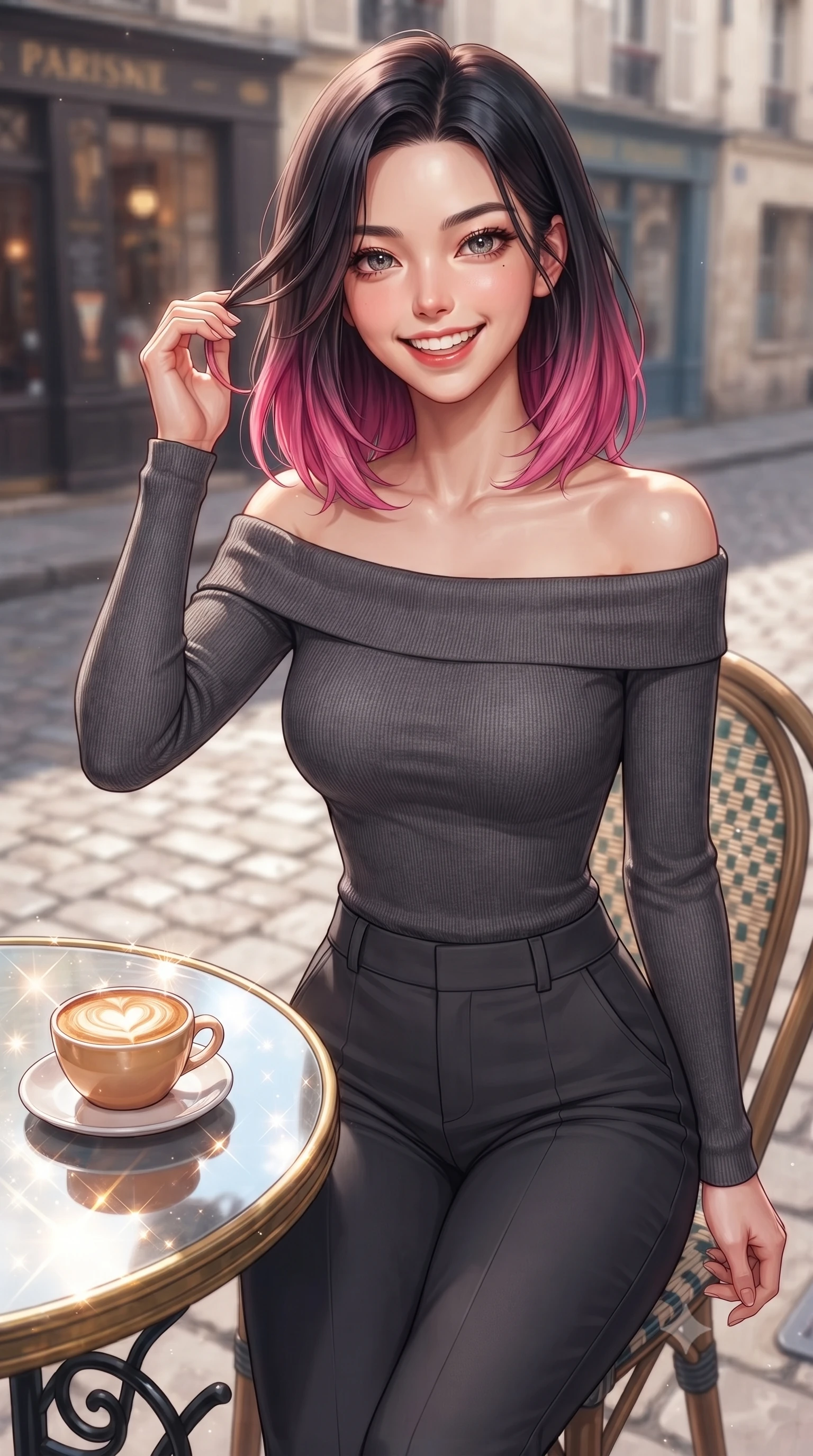 score_9, masterpiece, best quality, ultra-detailed, high-budget anime keyframe, editorial fashion photography, tasteful artistic composition, Korean woman. close-up cowboy shot from the waist and thighs up, the character dominates the composition, filling the frame with her large presence, background elements kept in soft focus. flashing an intoxicating, sunny grin while brushing a strand of hair away from her face set against a soft-focus background of at a vintage Parisian-style cafe corner next to a quiet cobblestone street with a warm cup of cafe latte with heart-shaped foam art on the table. She has an exceptionally elegant, slender, and willowy female figure with an ultra-slim waist, a gracefully sculpted slender torso, and a refined silhouette. sharp v-shaped jawline, high-bridge nose, intricate jewel-like eyes with depth, thick eyelashes, glossy lips with a natural sheen. wearing form-contouring body-hugging off-shoulder knit top in charcoal, paired with tailored slim pants. bright daylight reflecting off the glass table and creating sparkling glints. highly saturated vibrant anime colors, detailed shading with soft gradients, rich glossy textures, high-contrast stereoscopic depth, volumetric dynamic lighting, master piece, 9:16 ratio